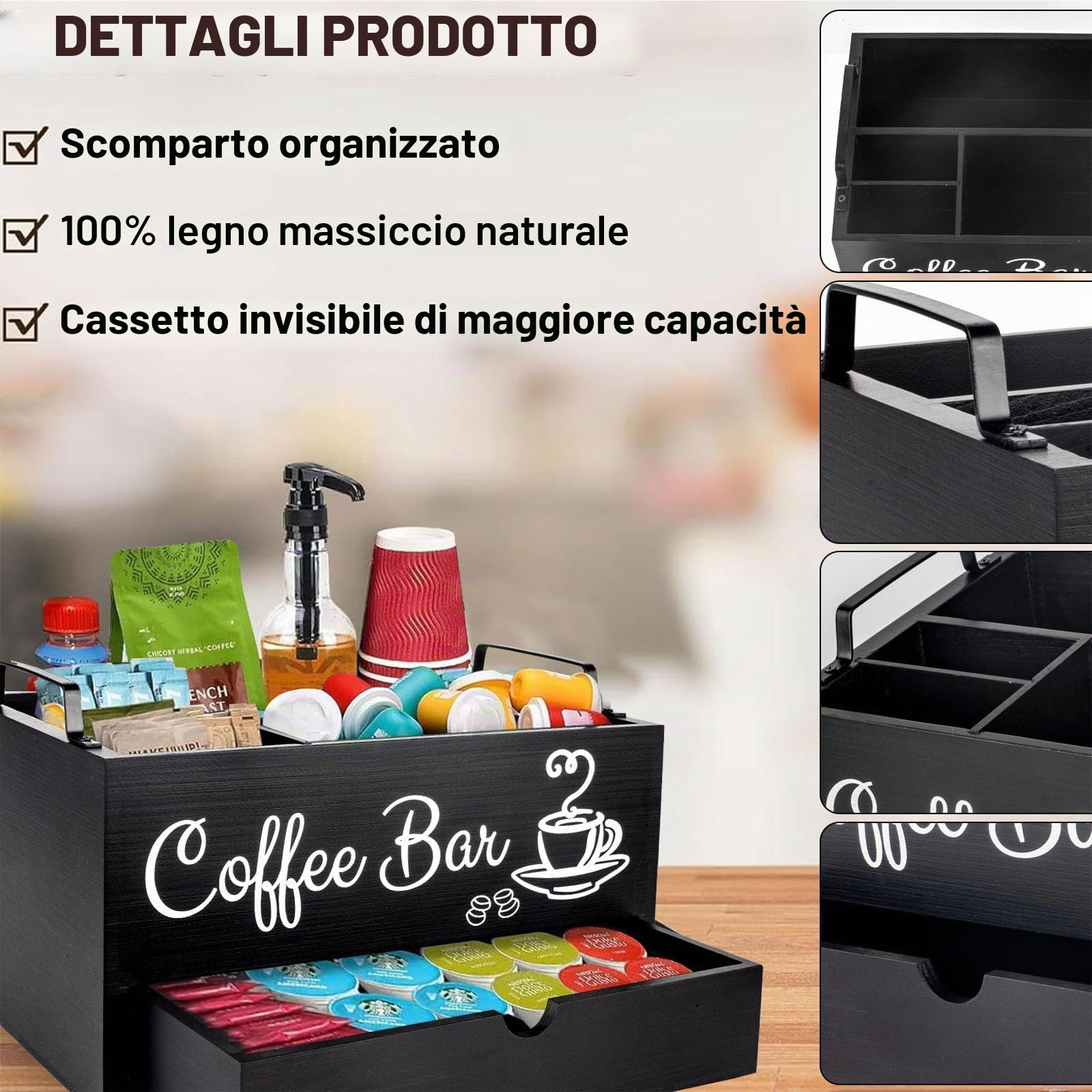Porta Cialde Caffe Porta Capsule Caffe,Portacialde da Caffè,Porta Tisane in Pineta con 1 Cassetto per Organizzare Capsule, Cialde,Tisane,Zucchero,Cannucce,Bicchierini da Caffè,Nero