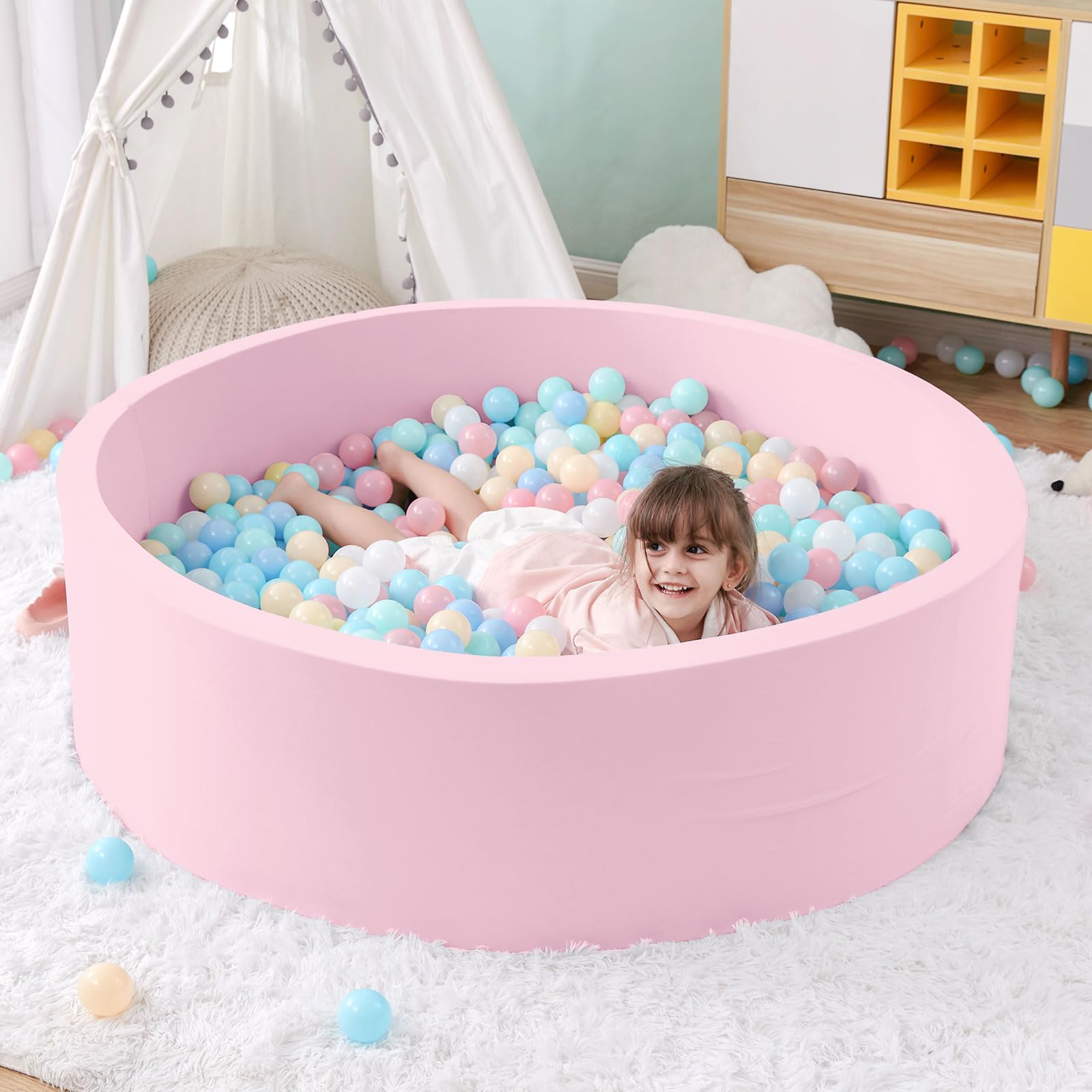 SHJADE Piscina de bolas de espuma de 47.2 x 13.8 pulgadas, pozos de bolas grandes para niños pequeños, piscina redonda suave para niños, regalo ideal para juegos en interiores y exteriores, rosa