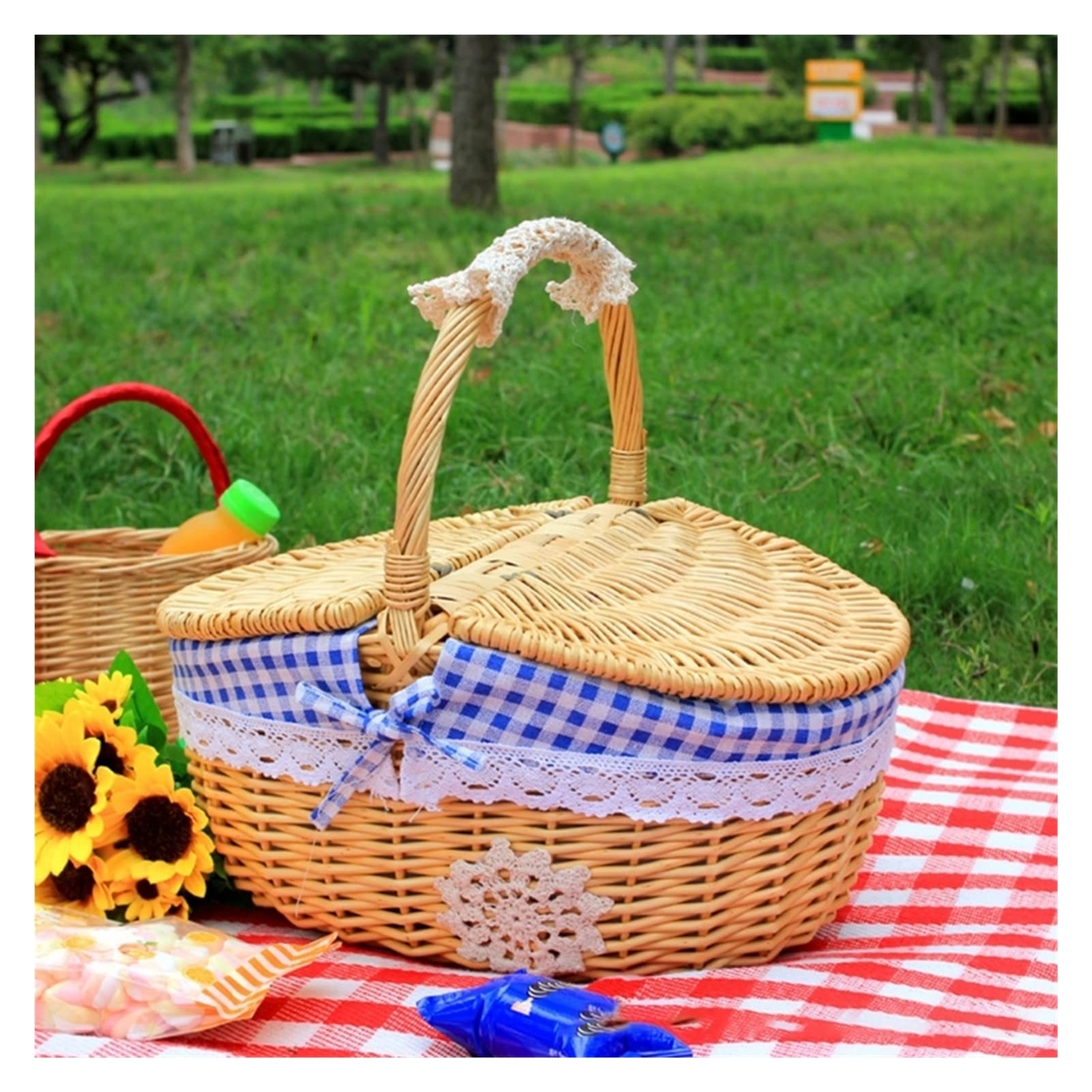 Outdoor Picnic Basket Styl Country z pokrywką i uchwyt Wyściełany Przechowywanie (Color : Blue)