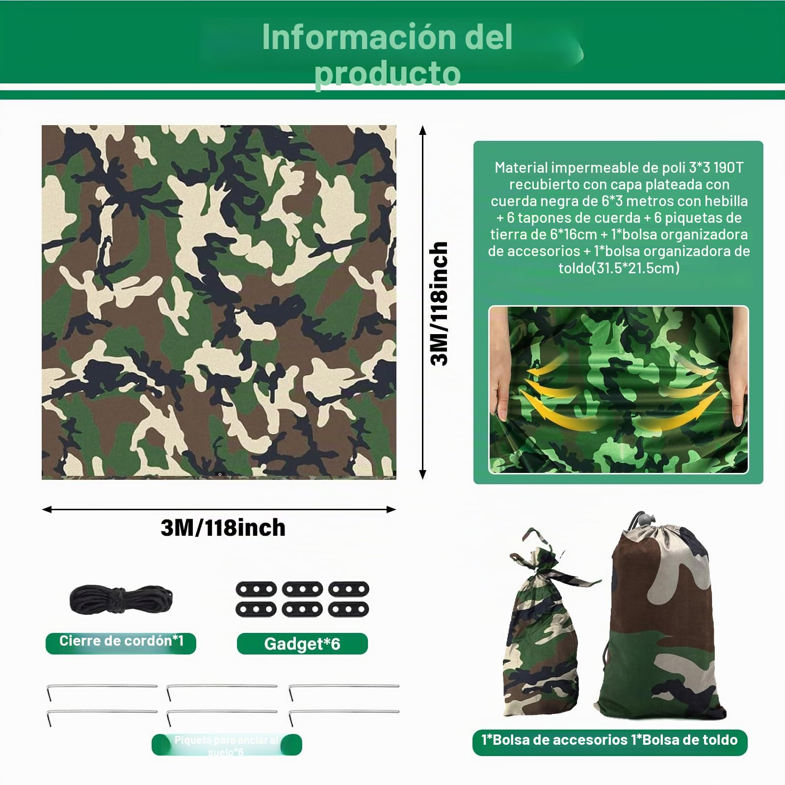 Toldo de Refugio Camping 3x3M, Toldo Camping Impermeable,Tienda de Campaña Tarp con 6 Cuerdas,6 Clavos de Tierra,2 Bolsa de Guarda,Lona Protectora Anti-UV para Vivac, Picnic, Playa, Hamaca