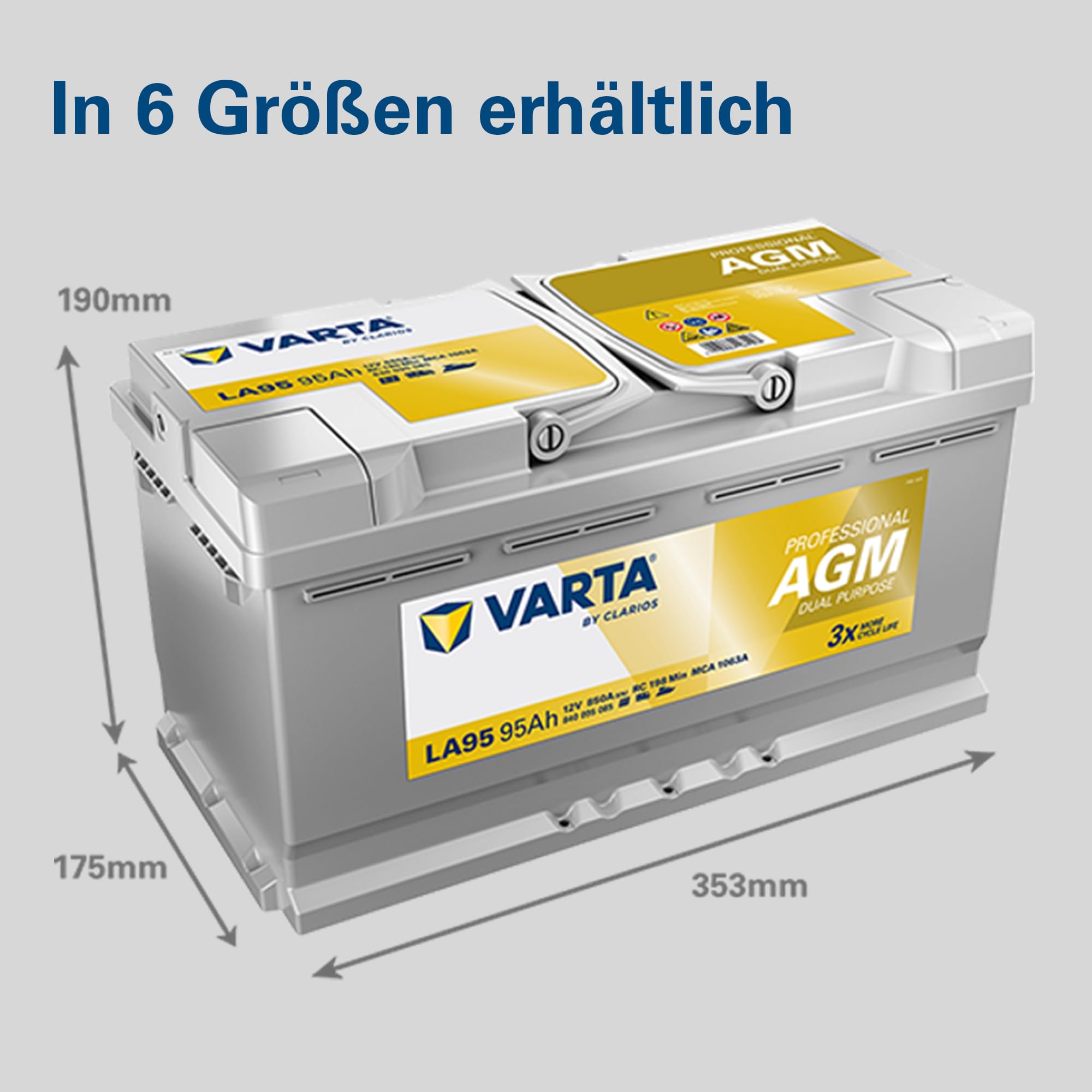 VARTA Professional Dual Purpose AGM (LA95) 12V 95Ah 850A - Nassbatterie für Wohnmobile, Wohnwagen & Boote - Resistente Starter- & Versorgerbatterie hoher Energiebedarf - Bleisäurebatterie wartungsfrei