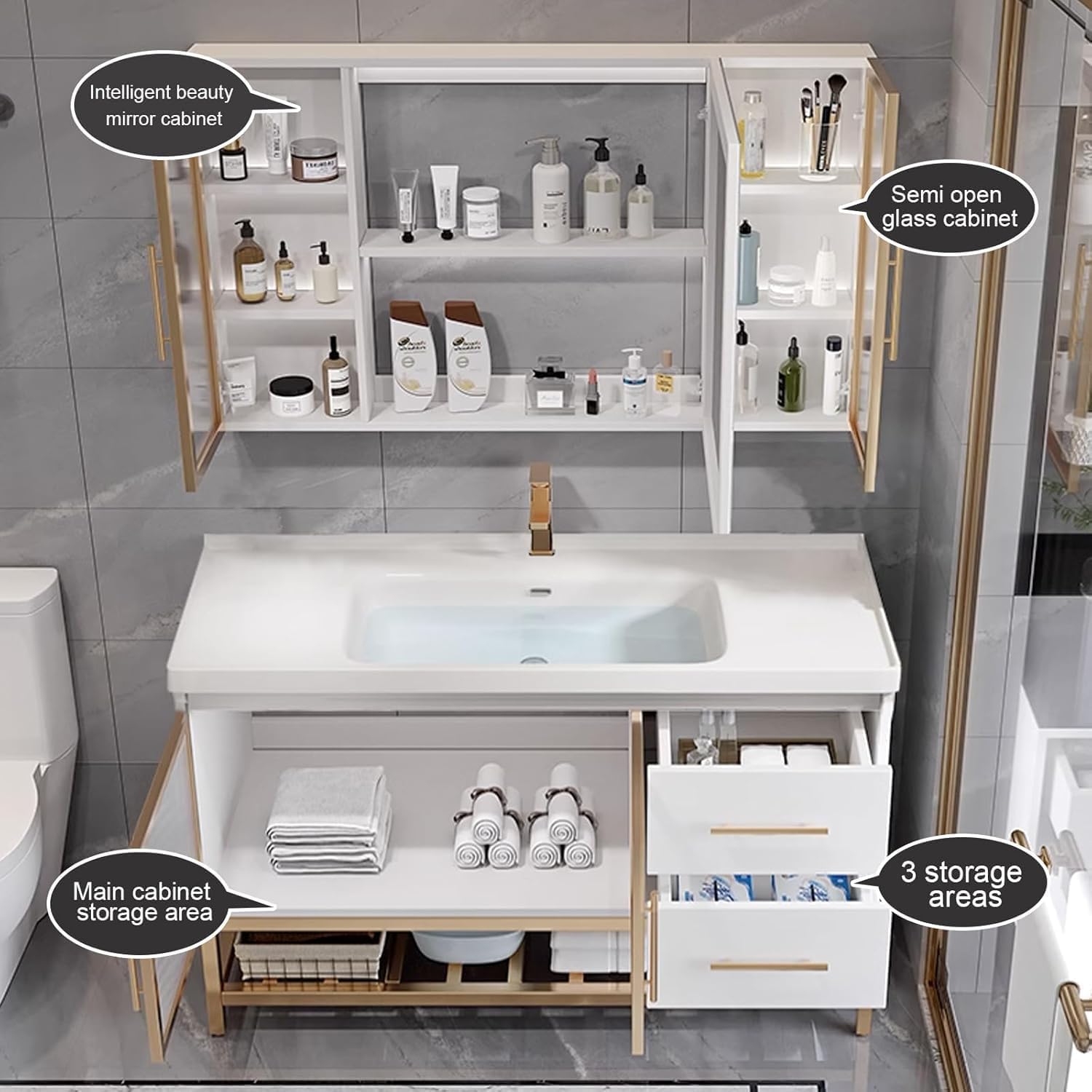 42" Bathroom Vanity with Sink - 3 Light Vanity Light Fixtures, Smart Mirror Cabinet. White