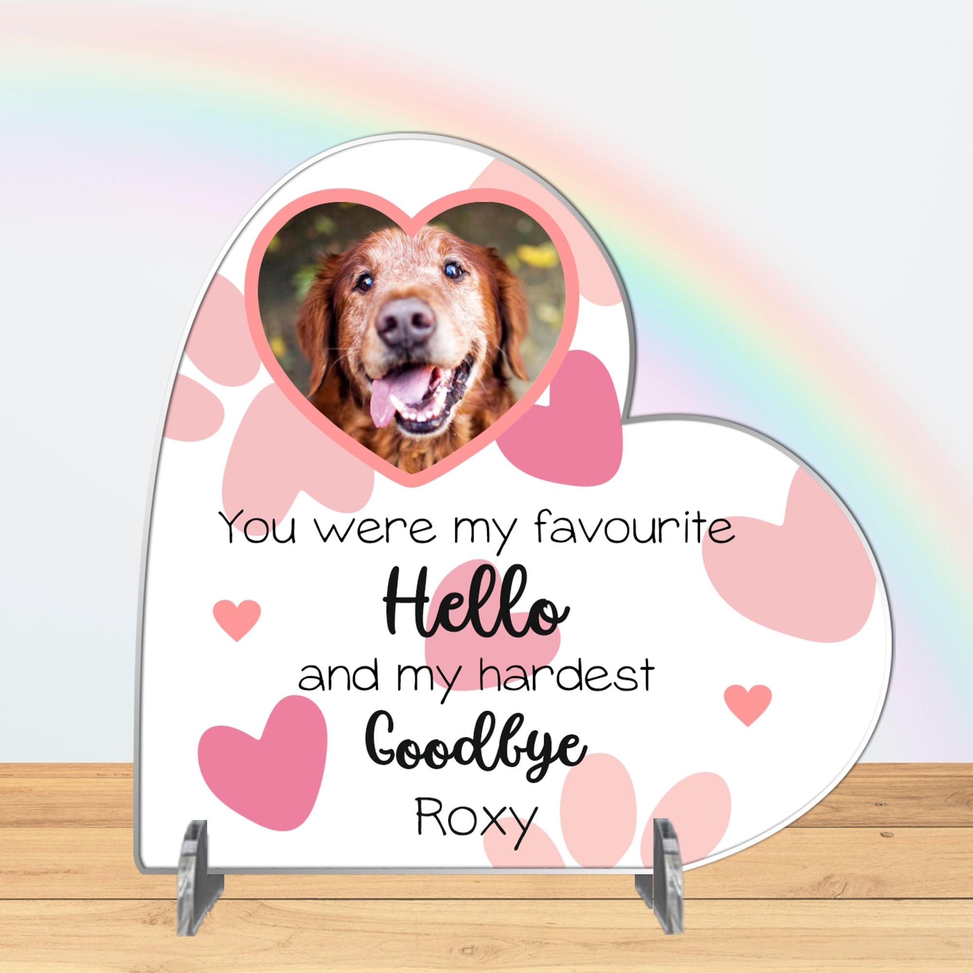 Personalised Pet Memorial Plaque – 'You Were My Favourite Hello' – Available in MDF or Acrylic, Sizes Small to Large – Indoor & Outdoor Use (Acrylic 13.5cm x 13.5cm, Pink)