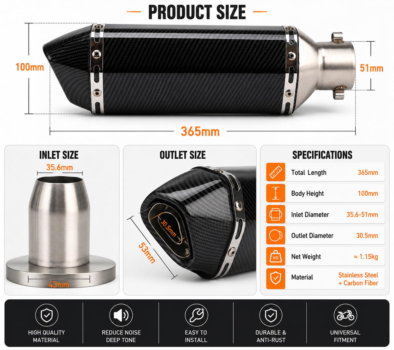 Universal Motorrad Auspuff Schalldämpfer 51mm Edelstahl, Slip-On Endschalldämpfer mit Montagesatz, kompatibel mit FZ6N R1 R3 R6 NMAX TMAX 800