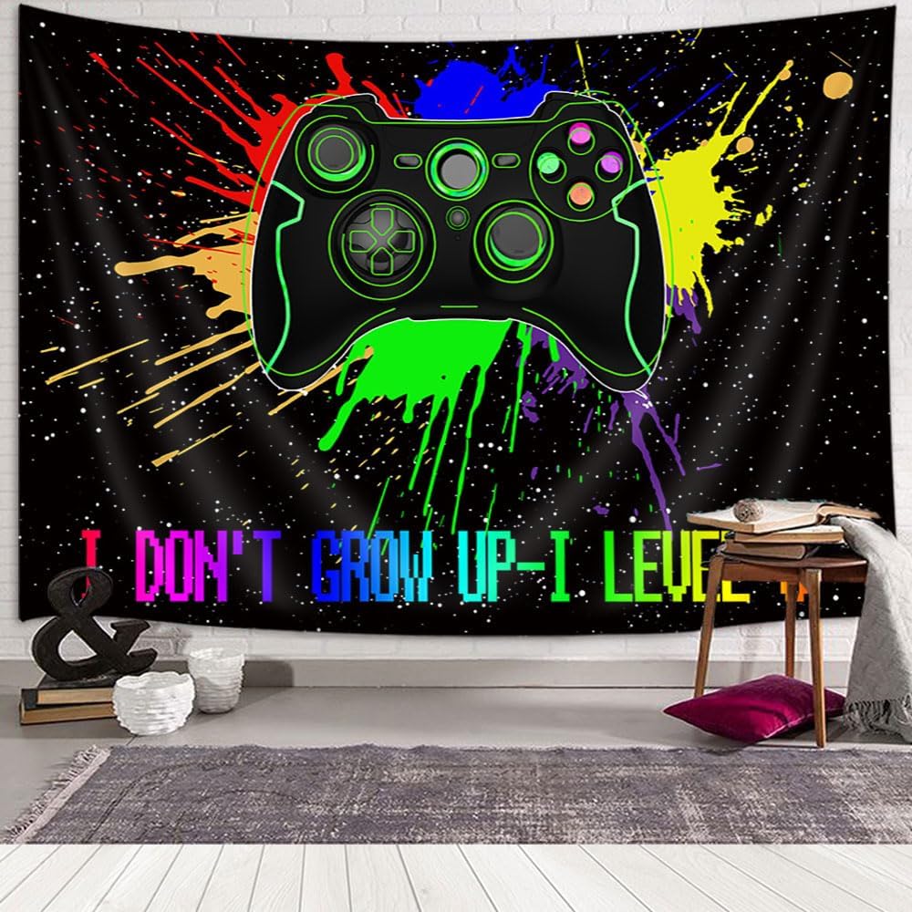 Men's Gaming Neon Sign Wall Art, Retro 80s Video Game Wall Hanging for Boys Bedroom, Funny Modern Tapestry College Dorm Home Decor, (90x70 inch), Yellow