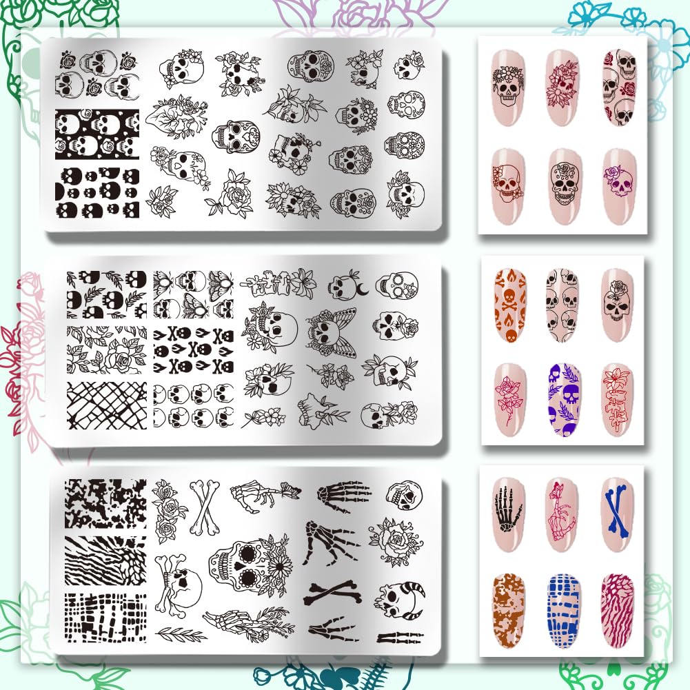 PH PandaHall 3 pz Timbro per Unghie con Teschio Gotico, 58 Modelli Scheletro Orrore Fiore Piastra per Stampaggio Unghie per Nail Design Stampa Manicure Salone Halloween