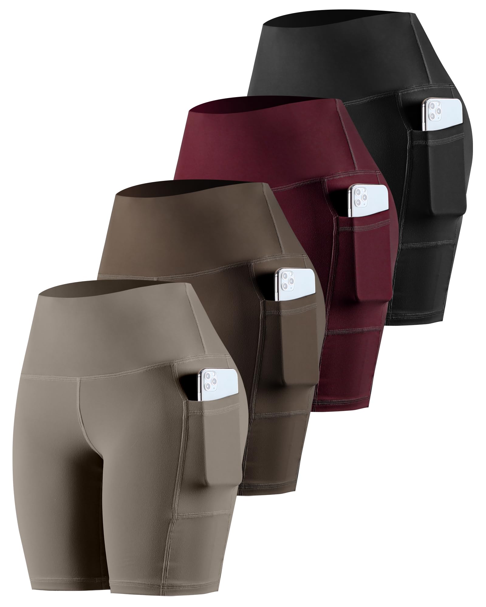 CHRLEISURE Womens Biker Yoga Shorts with Pockets: High Waisted Tummy Control Spandex Workout Athletic Gym Shorts 4 Packs