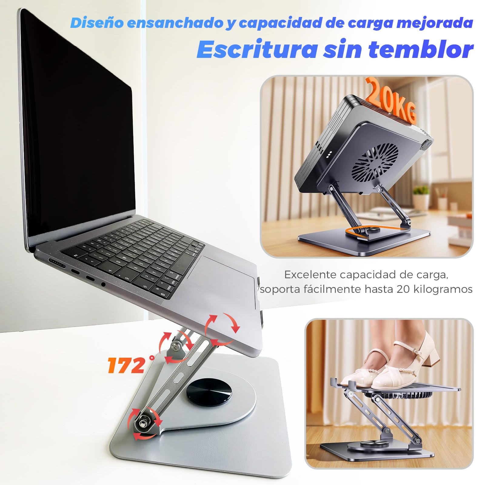 Soporte para ordenador portátil de aluminio, giratorio 360°, plegable, con ventilador magnético para refrigeración, compatible con MacBook y dispositivos de 10 a 17,3 pulgadas (gris claro)