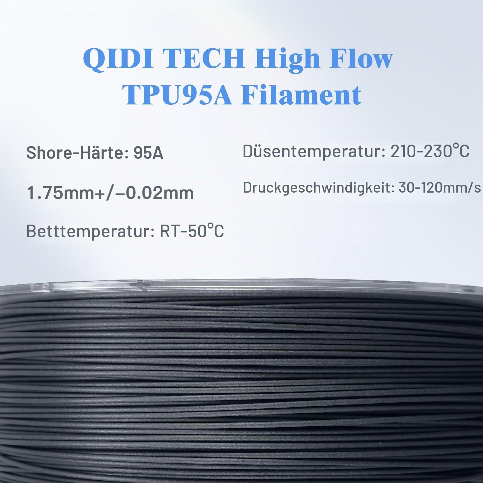 QIDI TECH TPU 95A Hohe Fließfähigkeit Filament 1.75mm，TPU95A-HF Flexibles 3D Drucker Filament, hohe Elastizität,Geeignet für Hochgeschwindigkeitsdruck, 1kg Spule(2.2lbs), schwarz