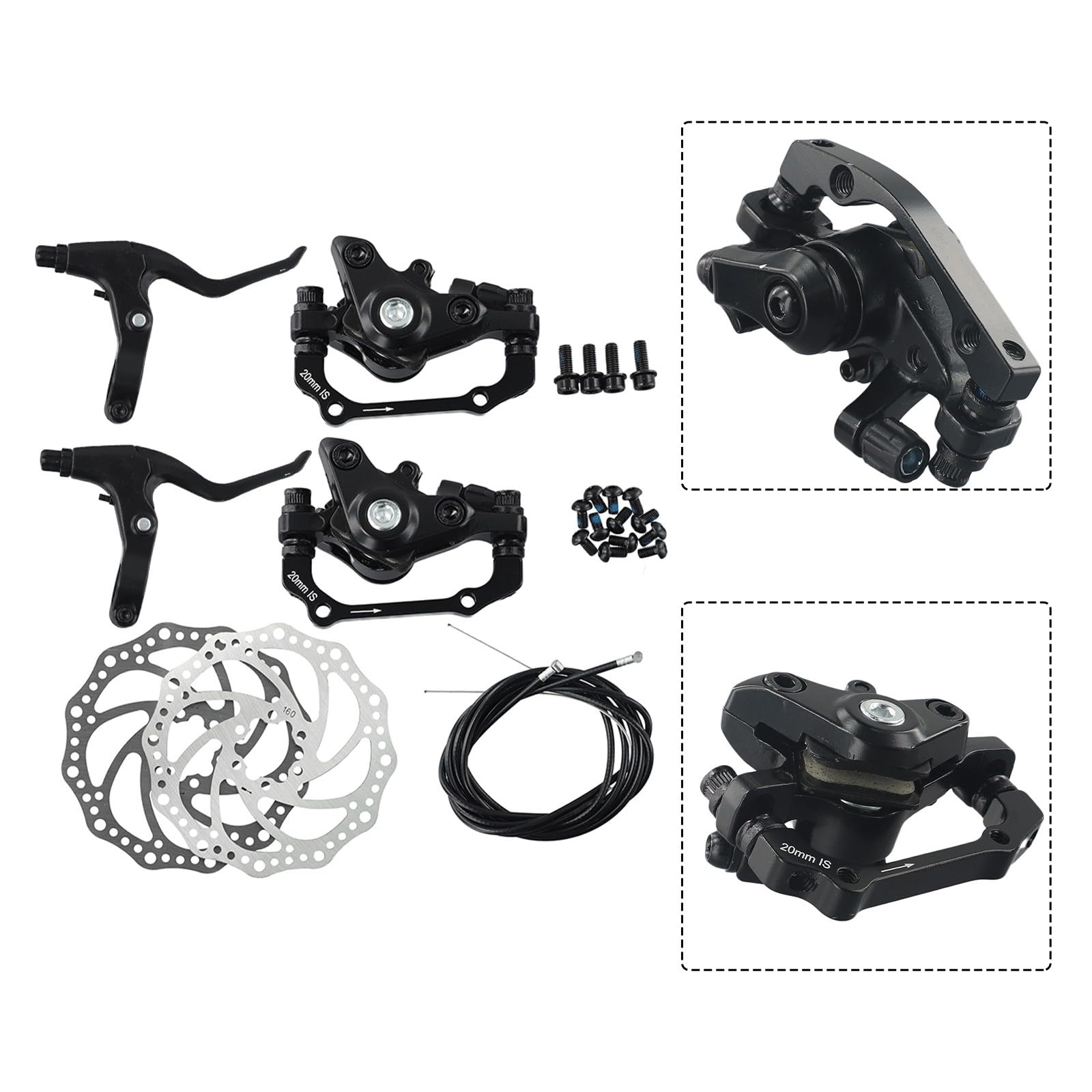 Juego de frenos de disco mecánicos para bicicleta de montaña delantera y trasera con discos de freno de 160 mm, sistema de freno con pastillas de freno de 32 mm, espacio ajustable para
