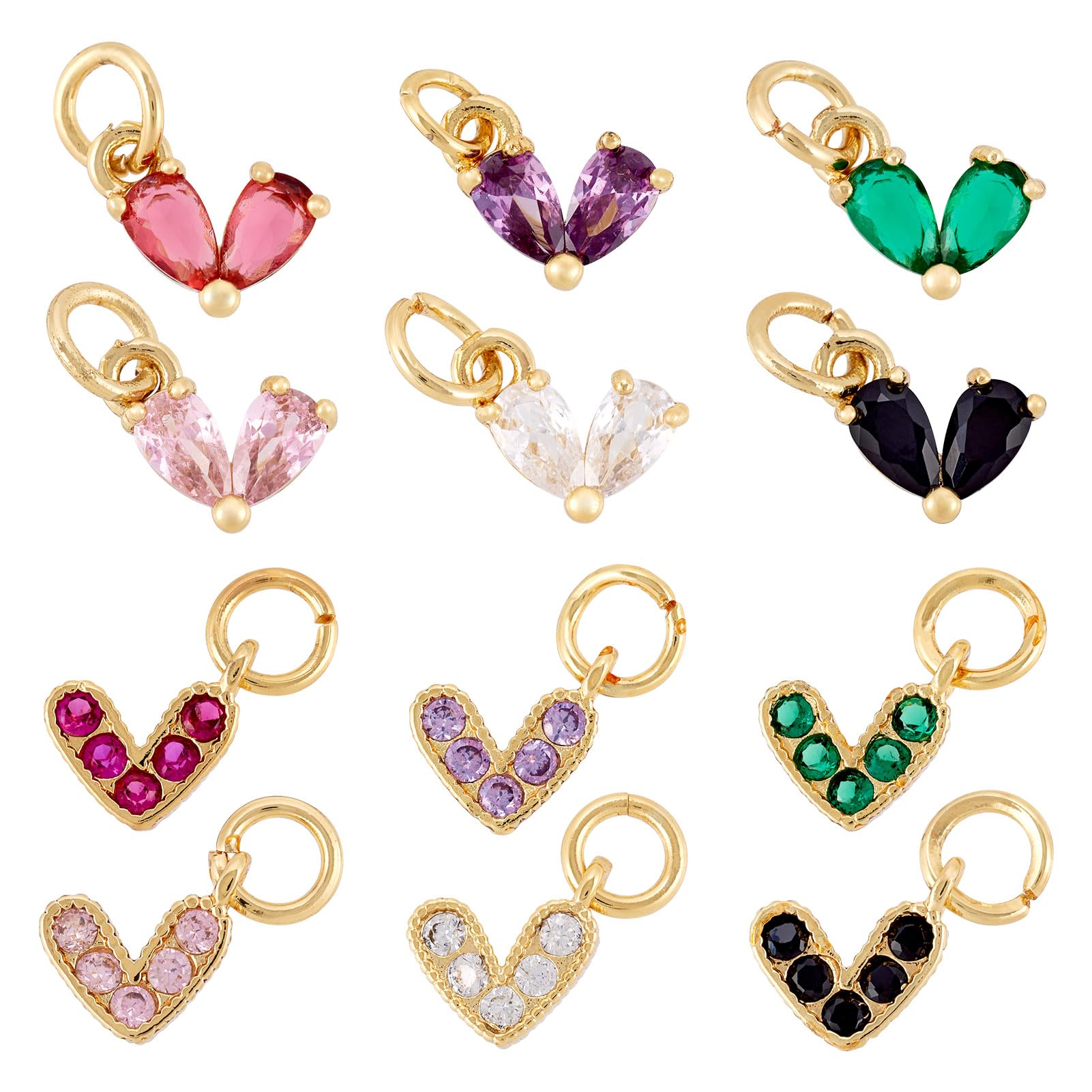 Spritewelry 12Pcs Real 18K Gold Plated Heart Rhinestone Charm Pendants Birthstone Charms with Jump Ring Cubic Zirconia Gold Earring Charms for Bracelets Jewelry Making DIY Craft
