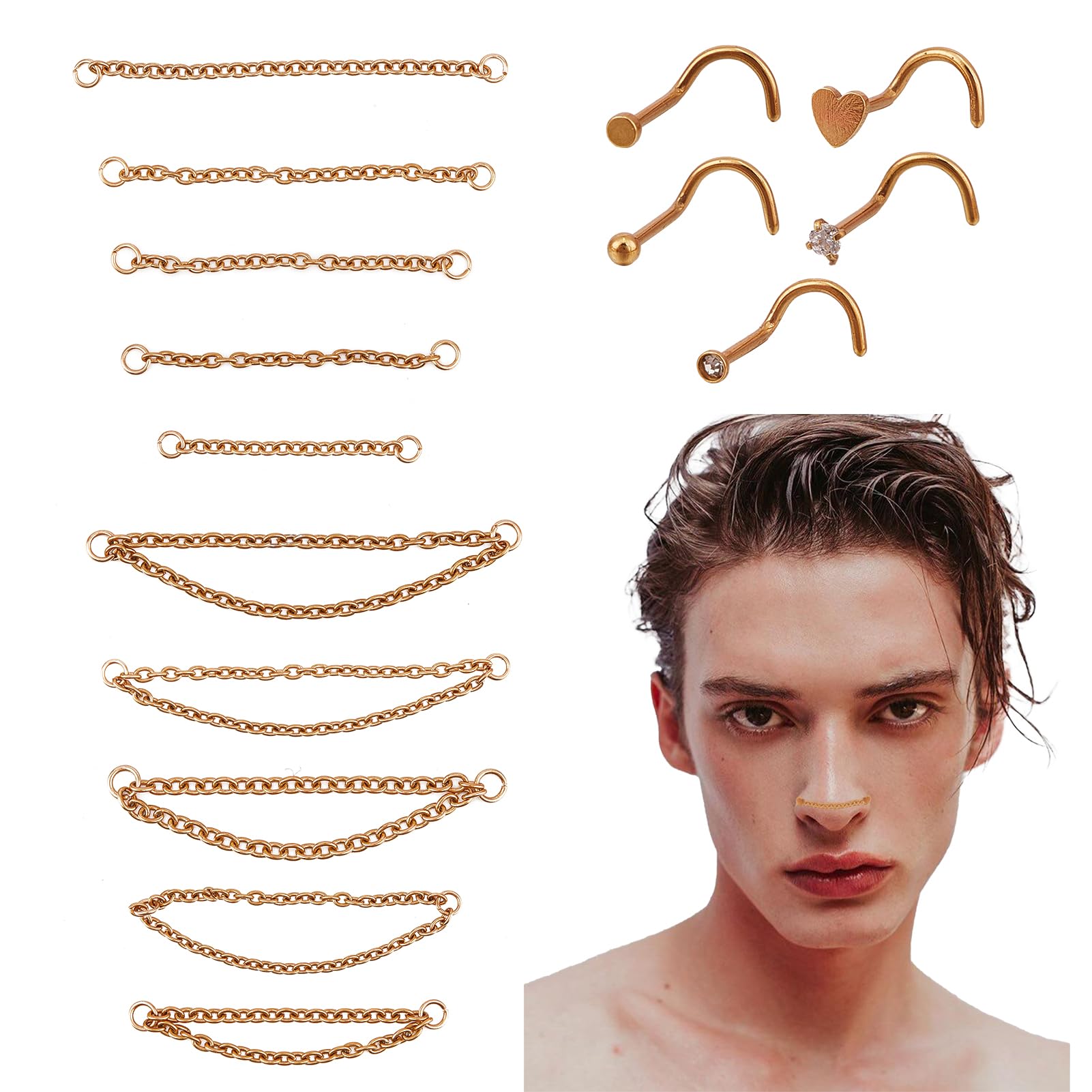Kit De 5 Anneaux De Nez Chaînés Argentés – Piercing Narine Unisexe, Bijou Tendance, Tailles 3 à 5 Cm – Alliage
