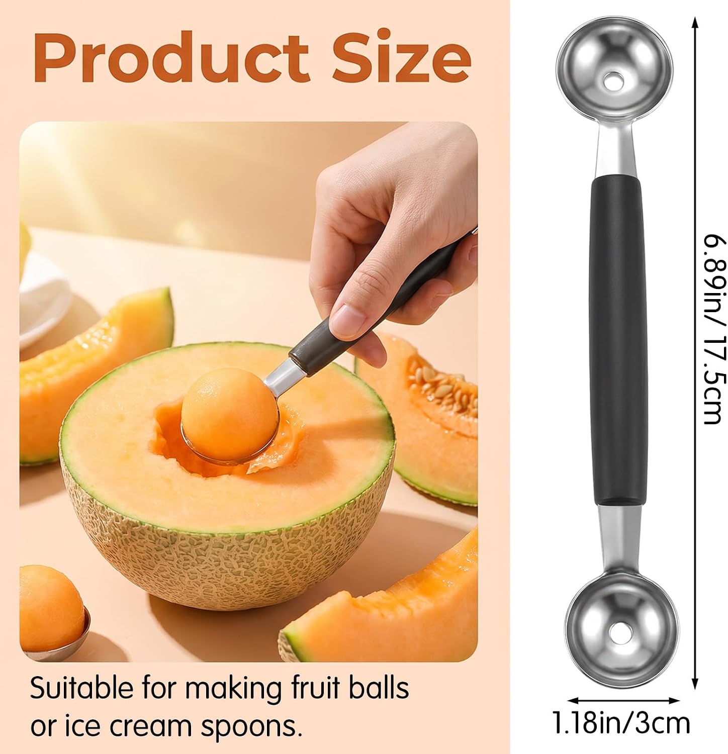 4 Pcs Melon Baller Scoop Double Ended Headed Fruit Ice Cream Ball Spoon