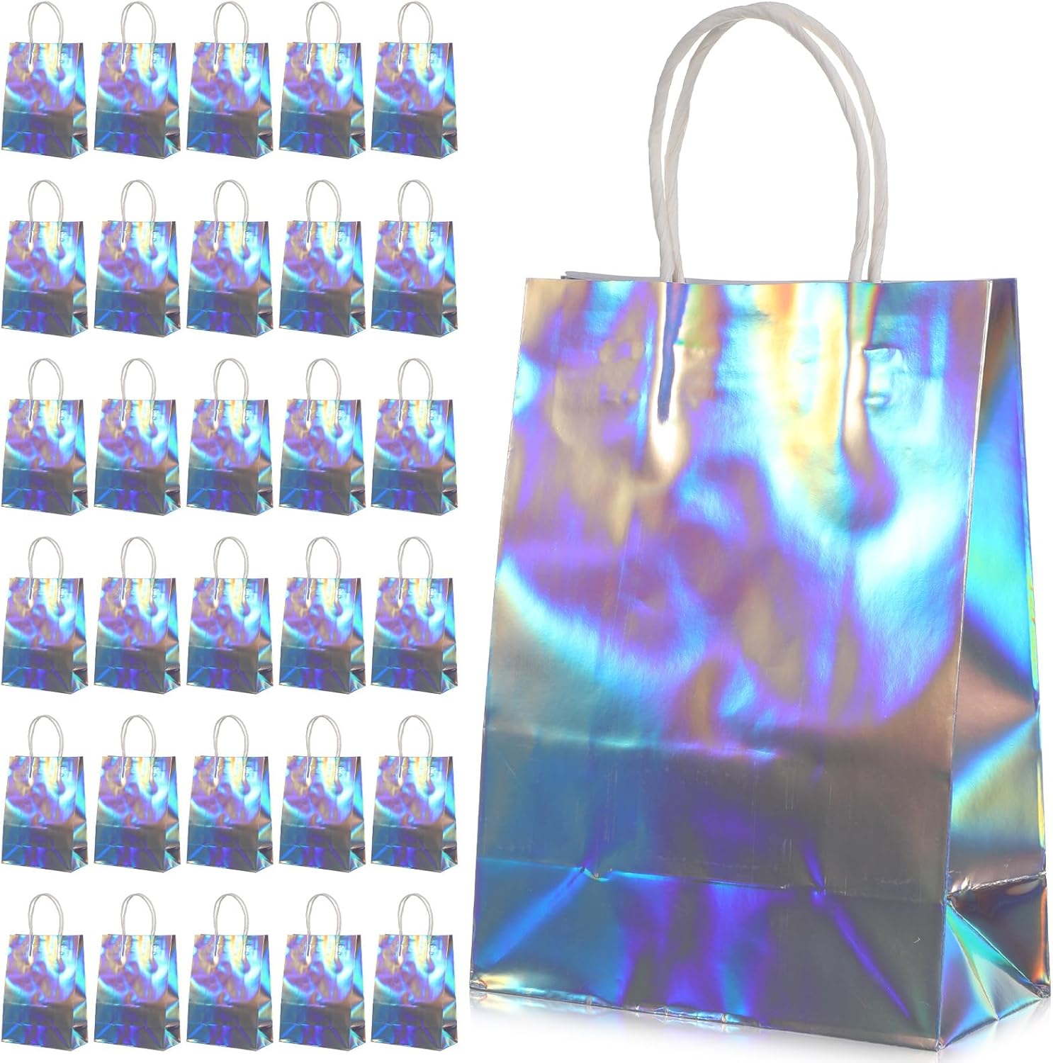 Afcabakila 30 Pcs Iridescent Gift Bags with Handles, Reusable Goodie Bags Bulk with Handles & Sturdy Base, Paper Holographic Gift Bag for Birthdays, Bachelorette, Weddings, Holidays, Valentines, Event