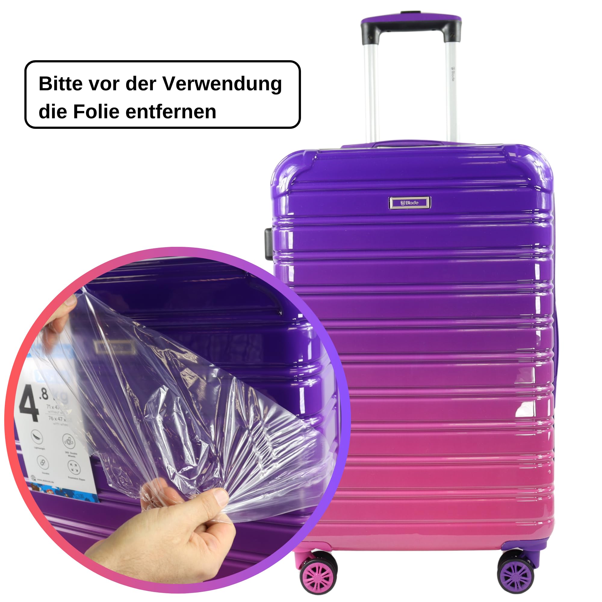 Blade Erweiterbares Handgepäck - Hartschalen Koffer Trolley - Leichter Reisekoffer Handgepäck aus ABS+PC mit TSA Schloss - 4 Spinner Räder Koffer- Rollkoffer (Lila-L)
