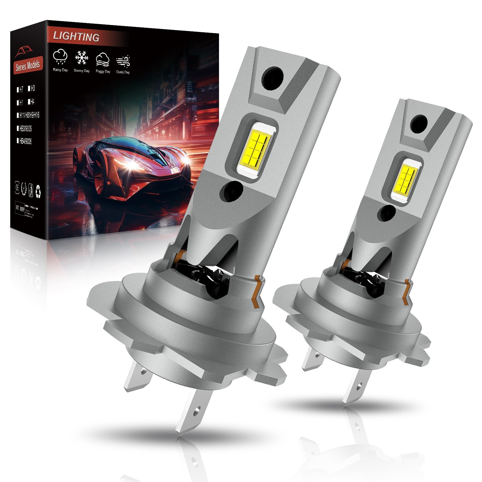 OVVOFPP Lampadina LED H7 700% Luminosità 6500K Bianco Freddo 100W, 16CSP Chip Super Luminoso Senza Macchia Scura, Dimensione 1:1 Ventilatore Silenzioso Integrato Plug and Play,2 PC