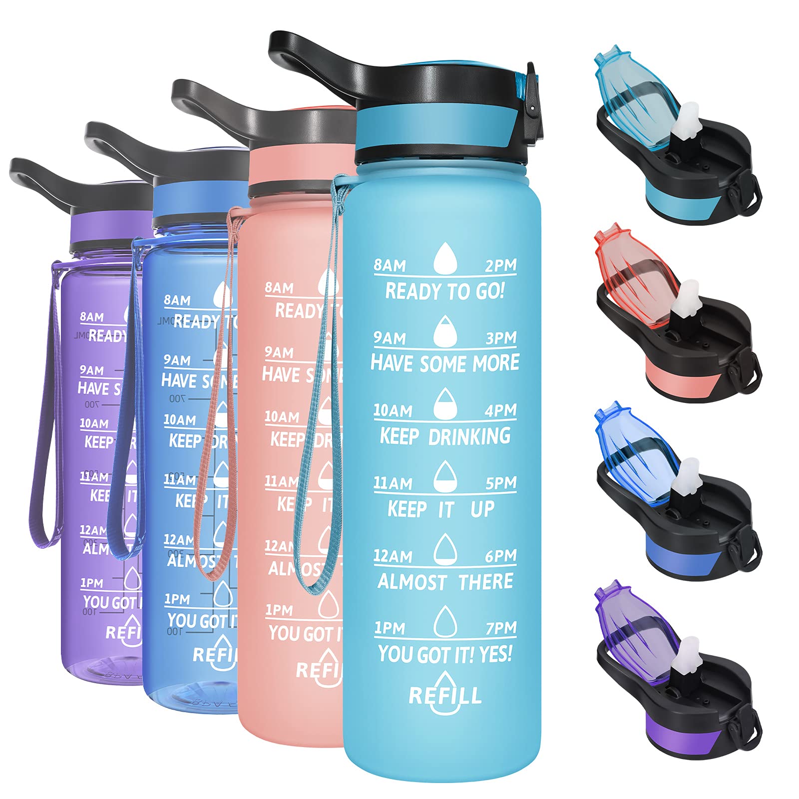 PASER Motivational Water Bottle 32 oz with Straw & Time Marker, BPA Free & Leakproof Tritan Portable Reusable Fitness Sports Water Jug for Men Women & Kids (with Bottle Brush and Straw Brush)