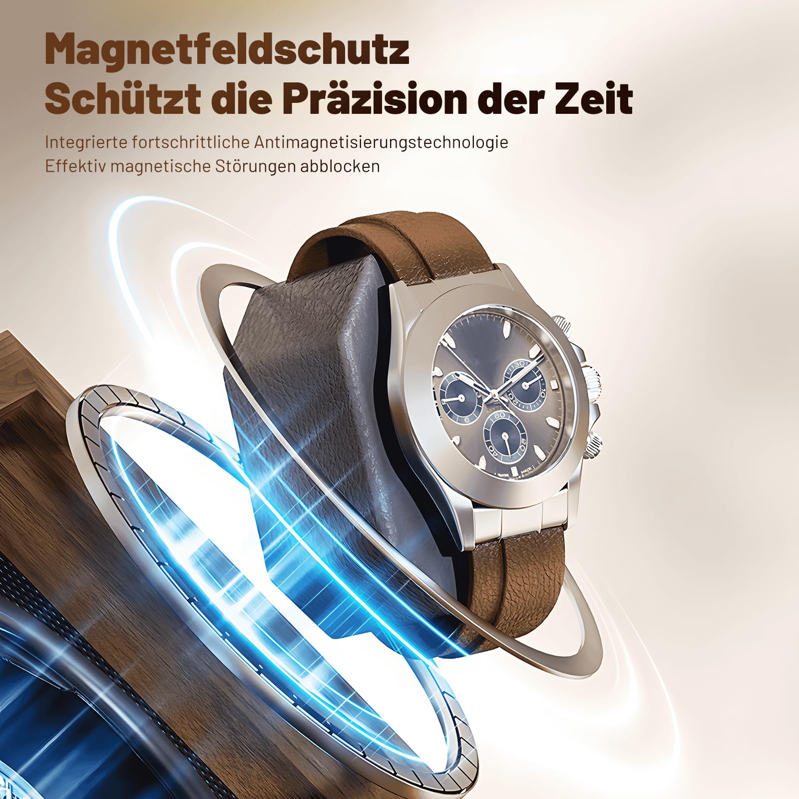 Uhrenbeweger für 2 Uhren – Leiser Motor, 4 Rotationsmodi, Magnetfeldschutz, Blaues Ambientelicht, Kompaktes Design