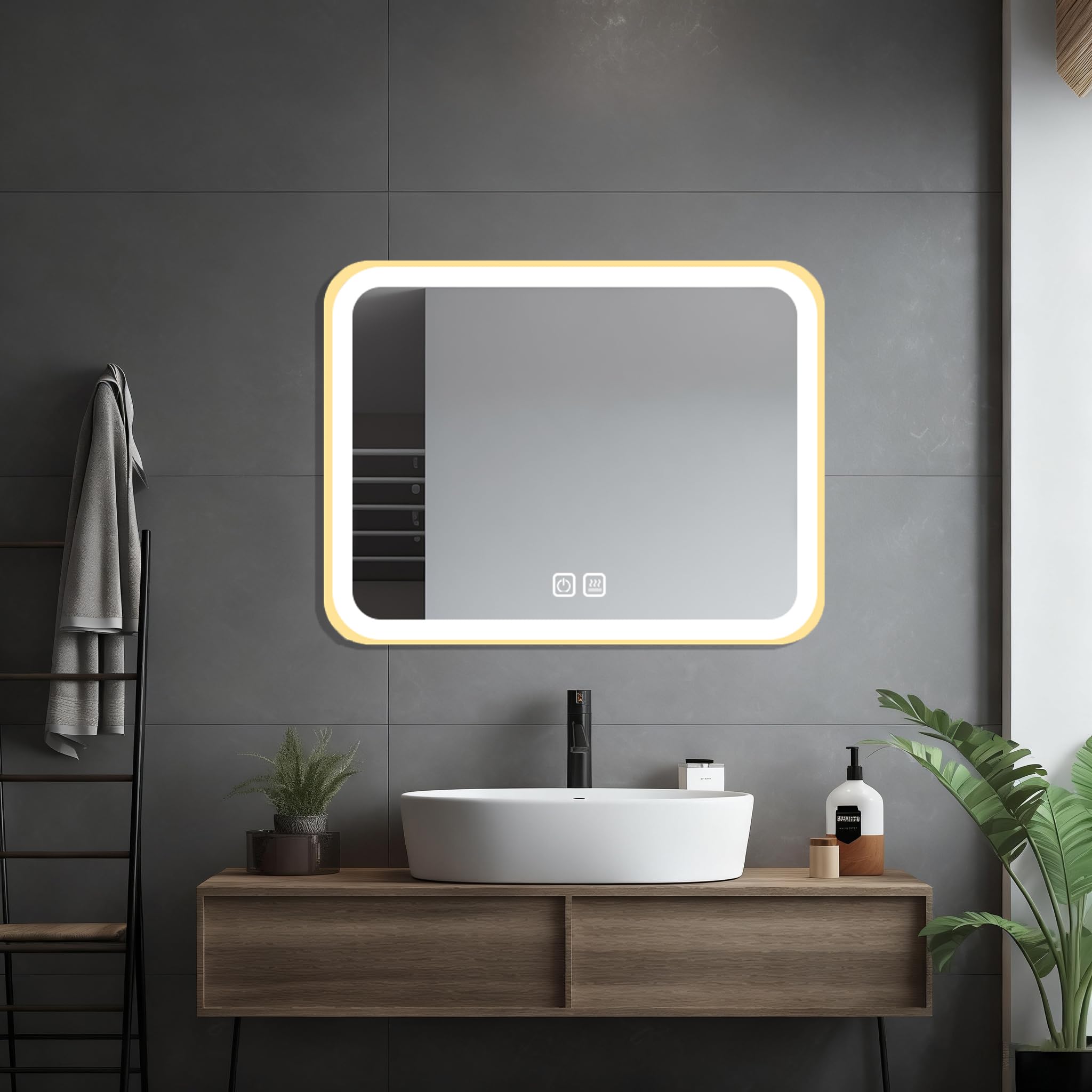 HIGHBATH 50 x 70 cm Large Lighted Vanity Mirror with Dimmable 3 Modes and Demister Pad, LED Makeup Mirror for Bathroom ๏ผ Dressing Room, Tabletop or Wall-Mounted,Horizontal/Vertical, Gold