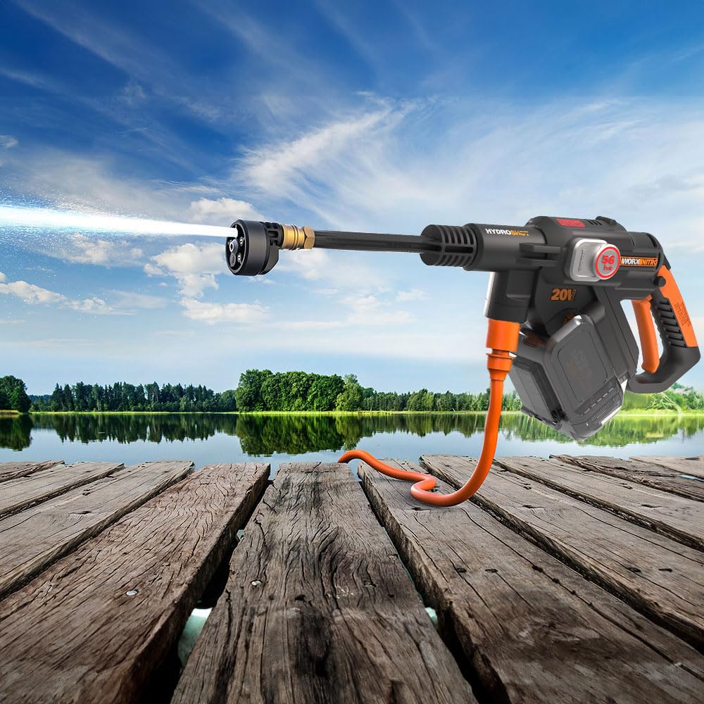 WORX Nettoyeur Haute Pression sans Fil Brushless 20V Hydroshot WG633E, Outil Mobile sans raccord d'eau Fixe, livré ave 1 Batterie 4Ah, Chargeur, Tuyau 6m, Lance Longue, buse à Jets Multiples