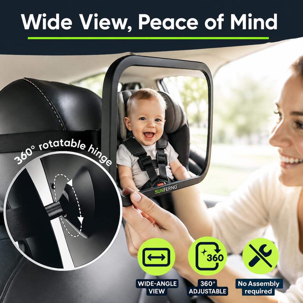 Espejo de coche para bebé: la forma más segura de vigilar a tu pequeño | Espejo de coche inastillable, gran angular para bebé con correas seguras y ajuste de 360° | Tranquilidad para cada conducción