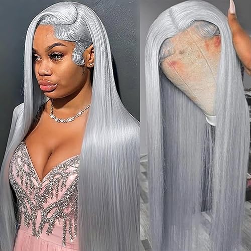 FJsuprise 30 Inch Grey Lace Front Wigs Human Hair Straight 13x6 HD Transparent L