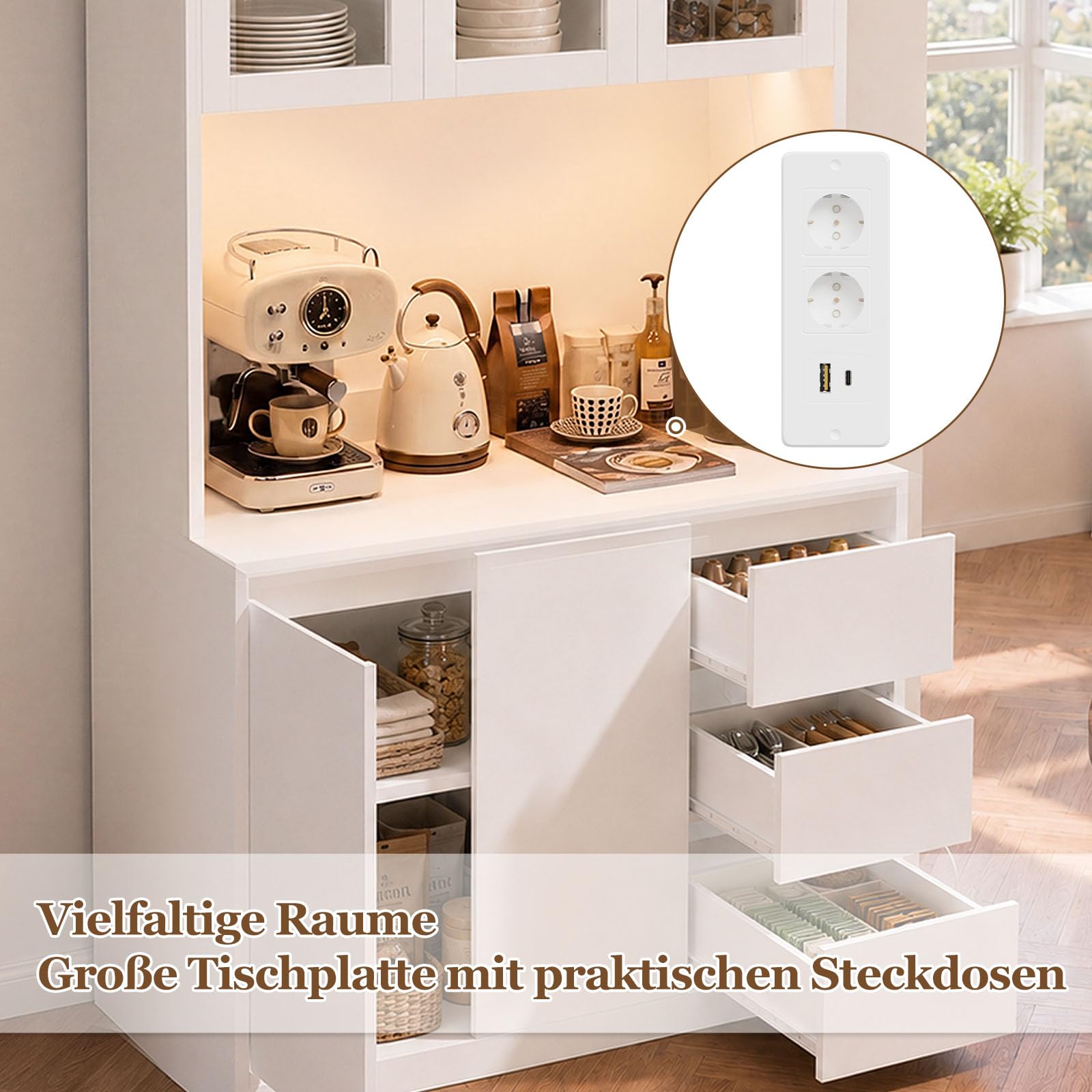 Küchenschrank mit LED & Steckdosenleiste, hoher Buffetschrank, Sideboard für Küche, verstellbaren Einlegeböden, 3 Schubladen, 5 Türen, großer Arbeitsplatte 100 x 38,5 x 180 cm, Weiß