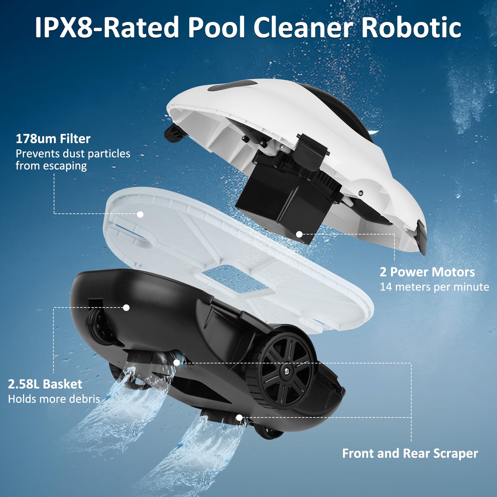 Robot nettoyeur de piscine sans fil de 130 minutes d'autonomie, léger, automatique et portable, 5200 mAh, charge rapide, puissant pour piscine hors sol jusqu'à 80 m² (blanc)