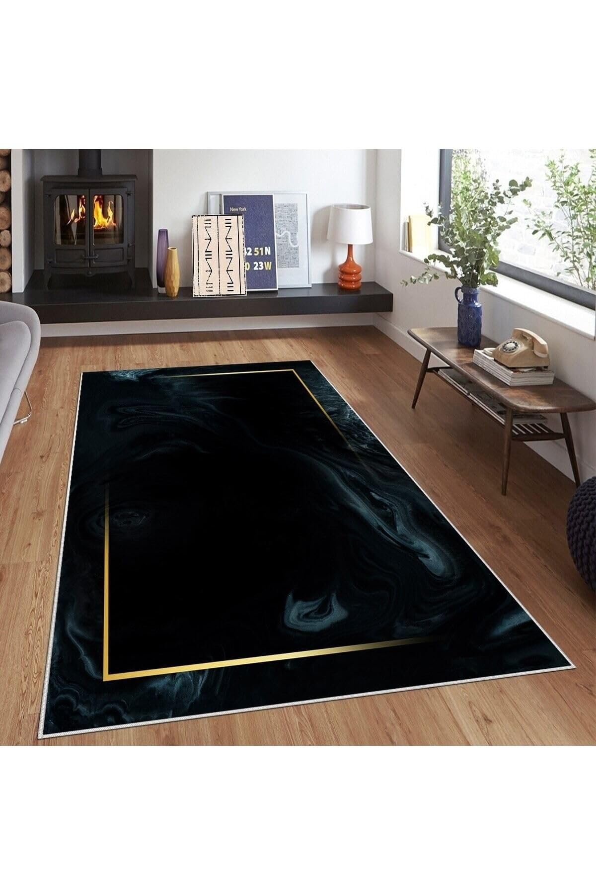Pelangi Siyah Zemin Gold Şerit Desenli Yıkanabilir Kaymaz Taban Leke Tutmaz Modern Salon Halısı Ve Yolluk, Siyah-Gold 80 x 50, 74571133805005