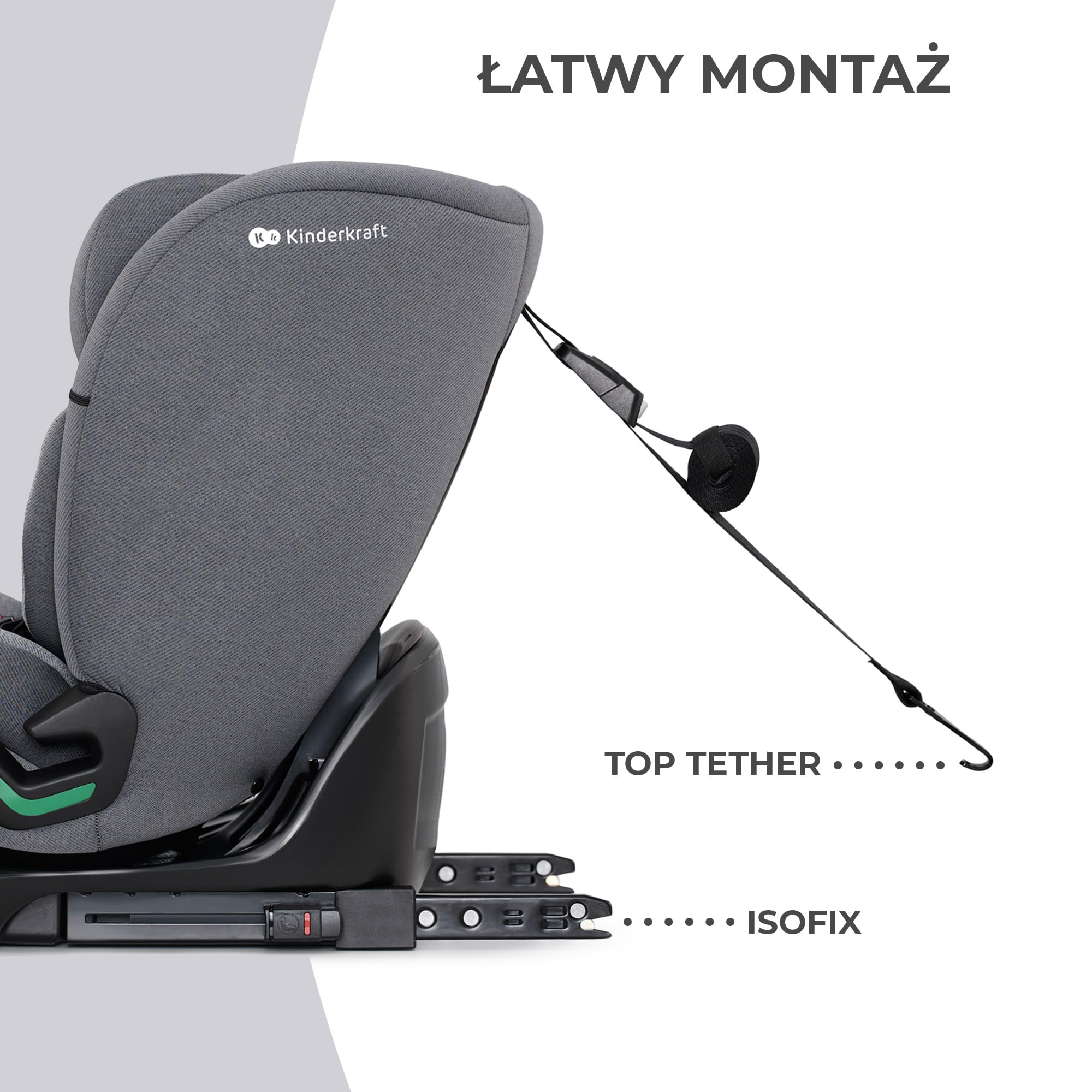 Kinderkraft ONETO3 Fotelik samochodowy z bazą, I-Size 76 do 150 cm, Systemy bezpieczeństwa, Isofix, Reclining, Wzmocniony zagłówek, Wkładka dla najmłodszych, Grupa wiekowa 1/2/3, do 36 kg, Szary