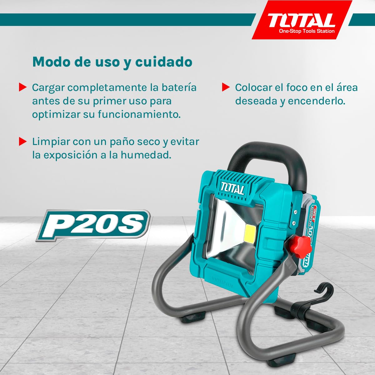 Total - Foco LED a Batería 20V - Iluminación Potente y Regulable para Exteriores, Jardines, Obras y Campamentos - Incluye Batería de 2Ah y Cargador - 900-1800 Lúmenes - Medidas: 63 x 23 x 3 cm
