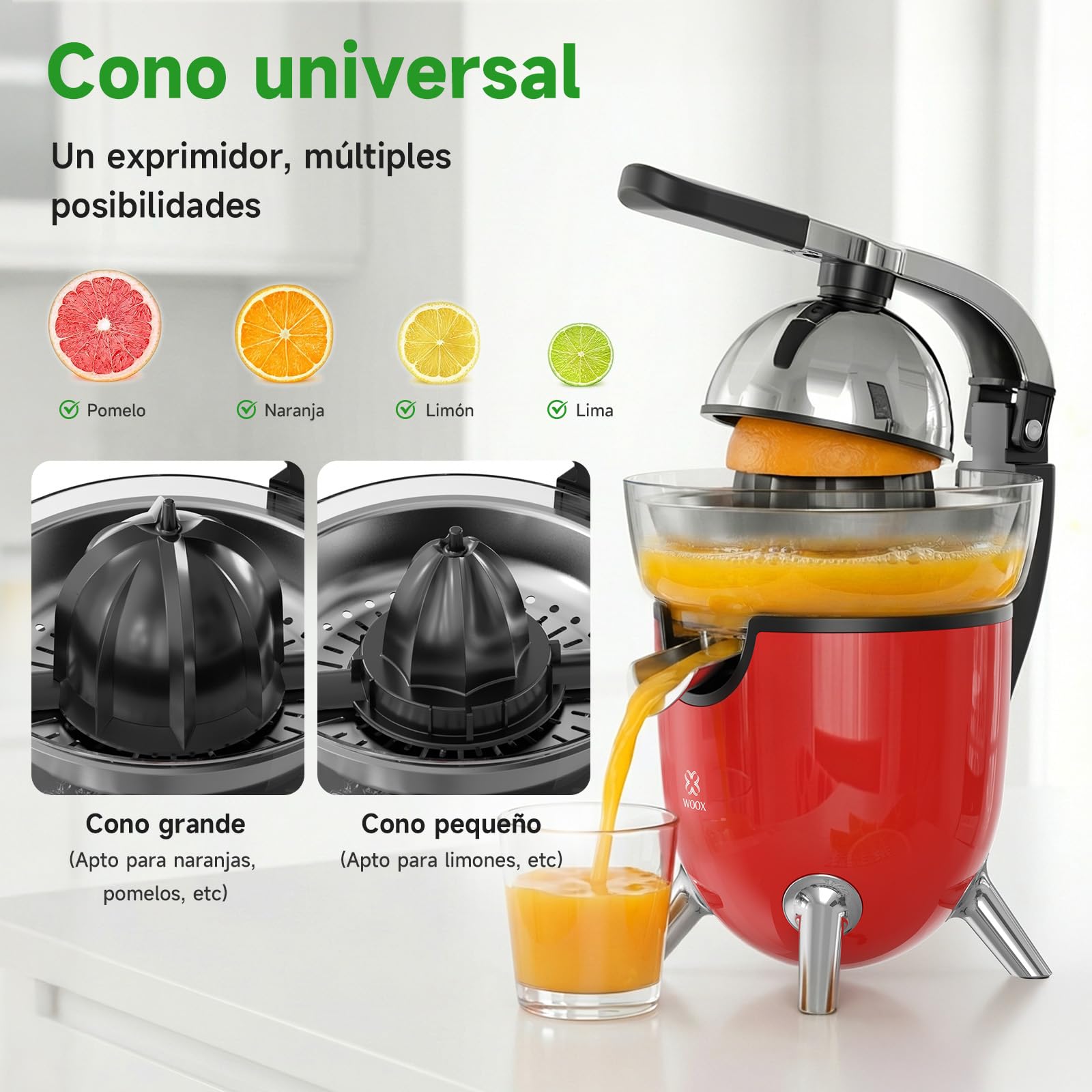 Woox Exprimidor de Naranjas Electrico, con Brazo de Palanca, 100W, Exprimidor Electrico Silencioso con 2 Conos para Limones y Pomelos, Boquilla Antigoteo, Sin BPA, Desmontable y Fácil de Limpiar