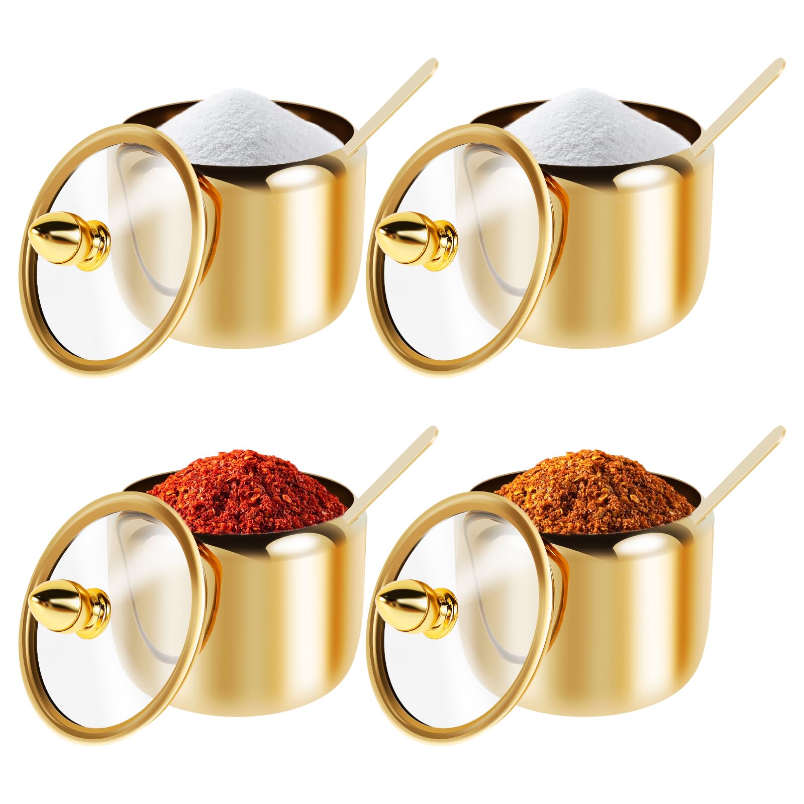 LuLobtg Sugar Bowl Kit, Set of 4 Stainless Steel Seasoning Jars with Glass Lid and Spoon, 10oz Modern Gold Spice Container, Kitchen Condiment Storage Pot for Coffee Bean Tea Herbs and Salt