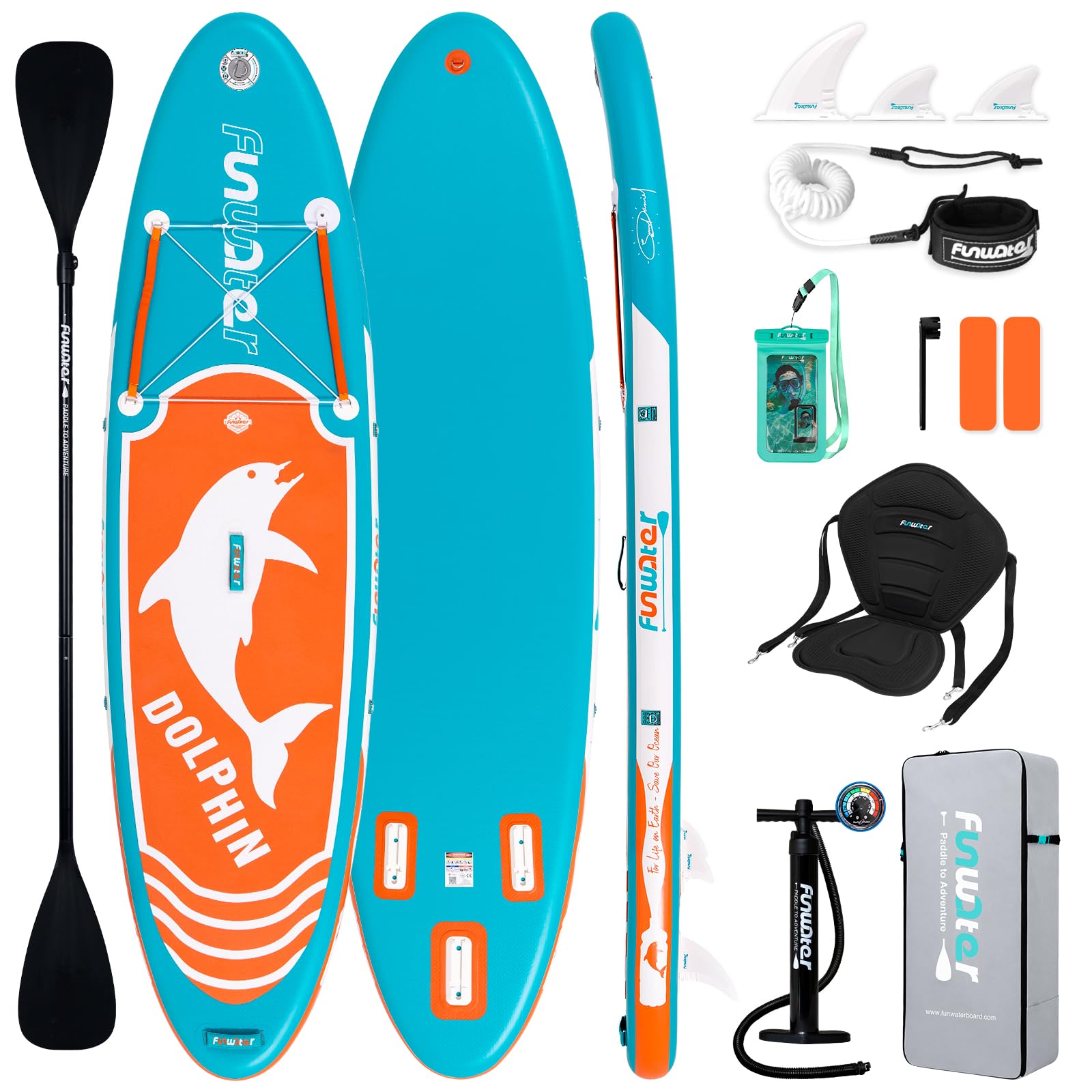 FunWater Nadmuchiwana deska do wiosłowania SUP z akcesoriami premium SUP, antypoślizgowa deska do wiosłowania EVA, deska do wiosłowania 38 cm, dla dorosłych i młodzieży na wszystkich poziomach