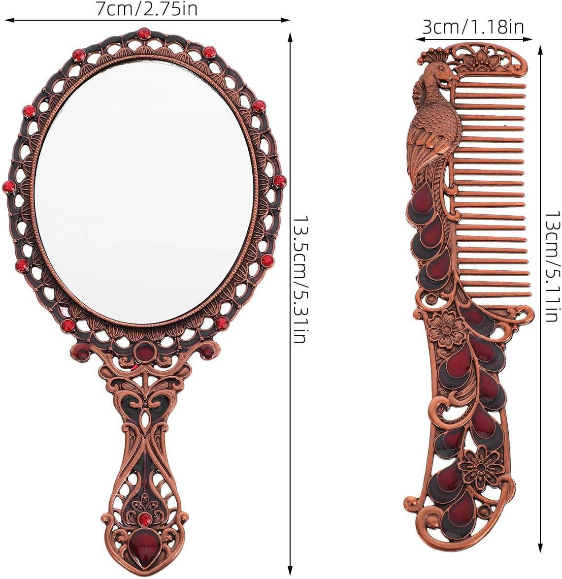 Vintage Red Handheld Makeup Mirror and Comb Set, Portable Wear-Resistant Vanity Mirror for Travel and Outdoor Use, Decorative Rose Handle Cosmetic Accessory for image 2