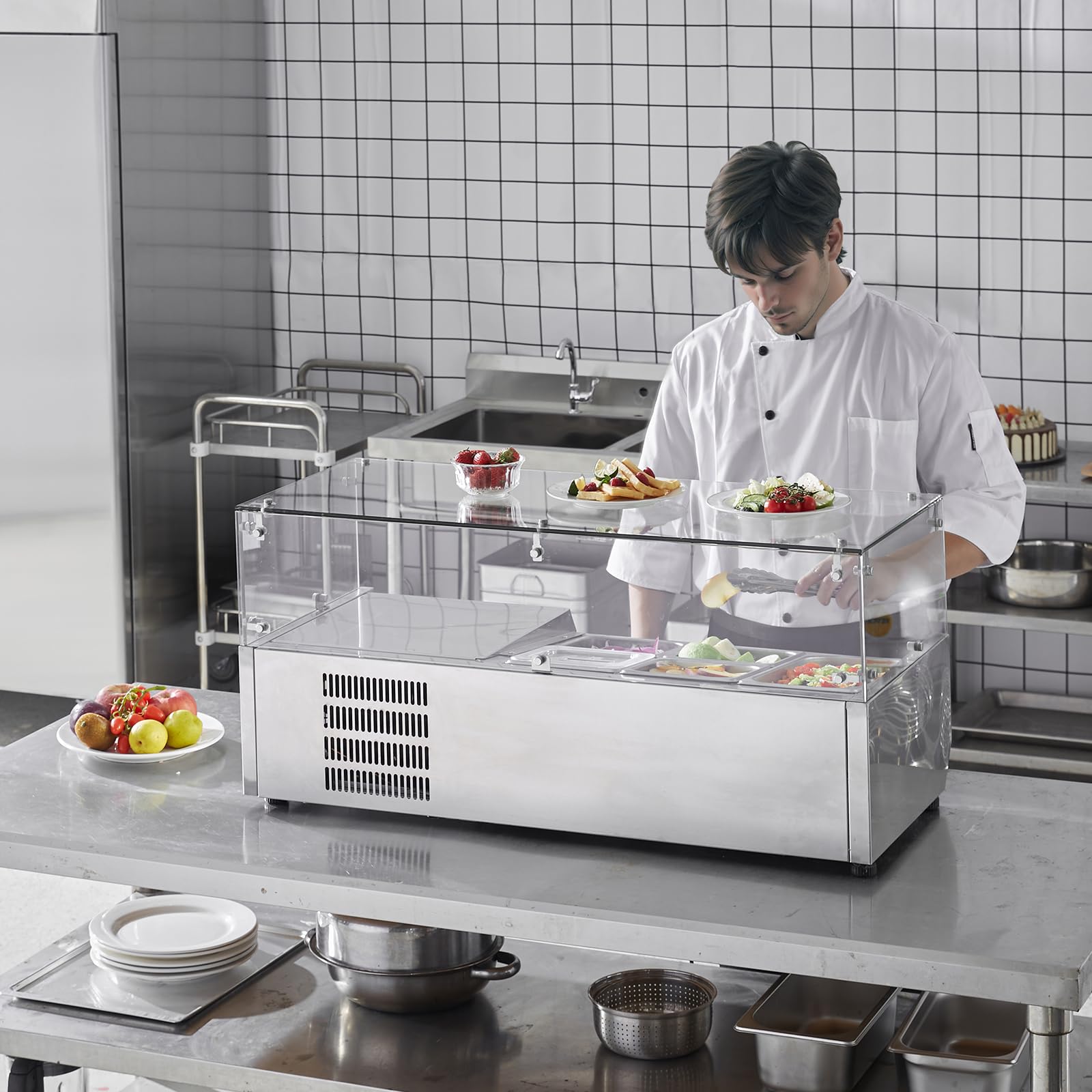 VEVOR Saladette Réfrigérée à Poser 140 W, Vitrine Réfrigérée pour Pizzeria, avec 1 1/3 Casseroles et 4 1/6 Casseroles, Corps en Inox 304 et Couvercle en PC, pour Préparation de Sandwich Ingrédients