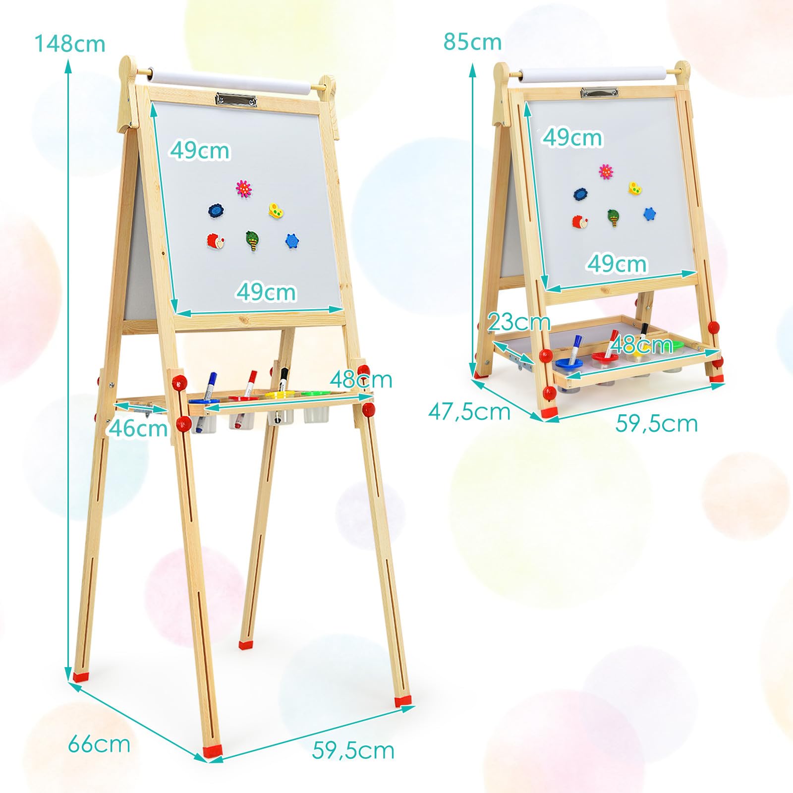 DREAMADE 3 in 1 doppelseitige Kinder Staffelei aus Holz, höhenverstellbare Kinderstaffelei Kindertafel mit Papierrolle Whiteboard und Kreidetafel, inkl. Alphabet Marker Kreide Radiergummi