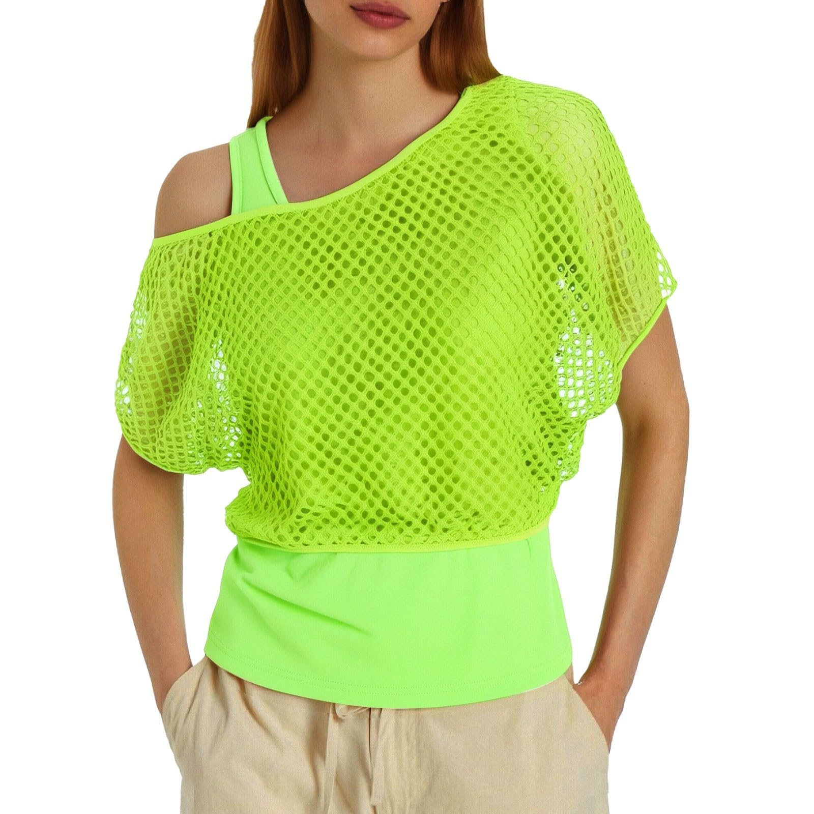 80S Neon Mesh Top for Women Fishnet T Shirts Sheer Off Shoulder Tops and Vest 2 Pieces Set Party Outfit Sexy Disco Clothes Y2K Gothic Tops Retro 90s 80s Party Costume Rave Outfits (Z1-Yellow, XXXXL)