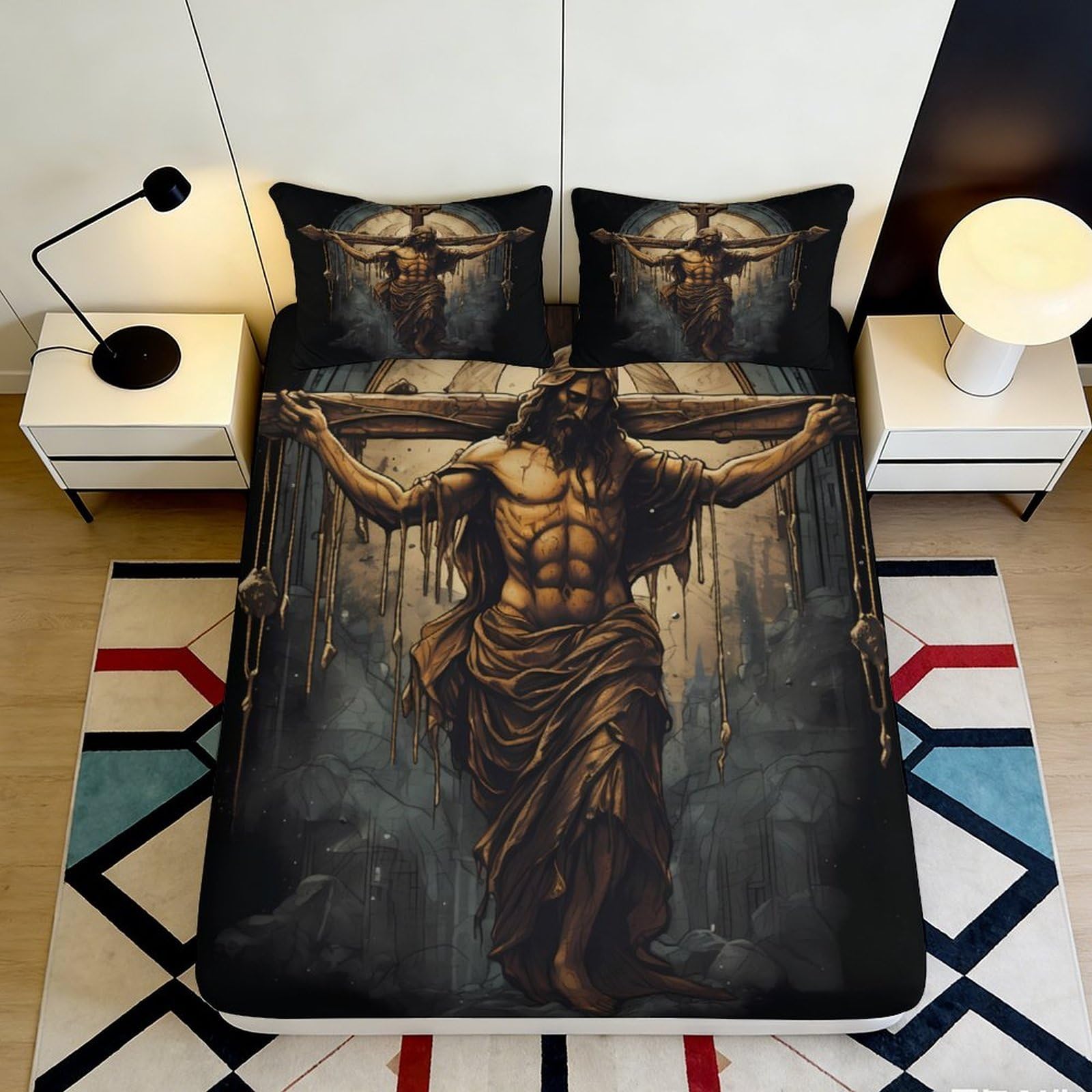 3D Printed Gothic Fitted Sheet with Cross Jesus Pattern, Microfiber Soft Touch Bed Cover for Bedroom, Guest Room, Wrinkle Resistant, Apartment Bedding, Easy Care, Decorative 200x200x25cm