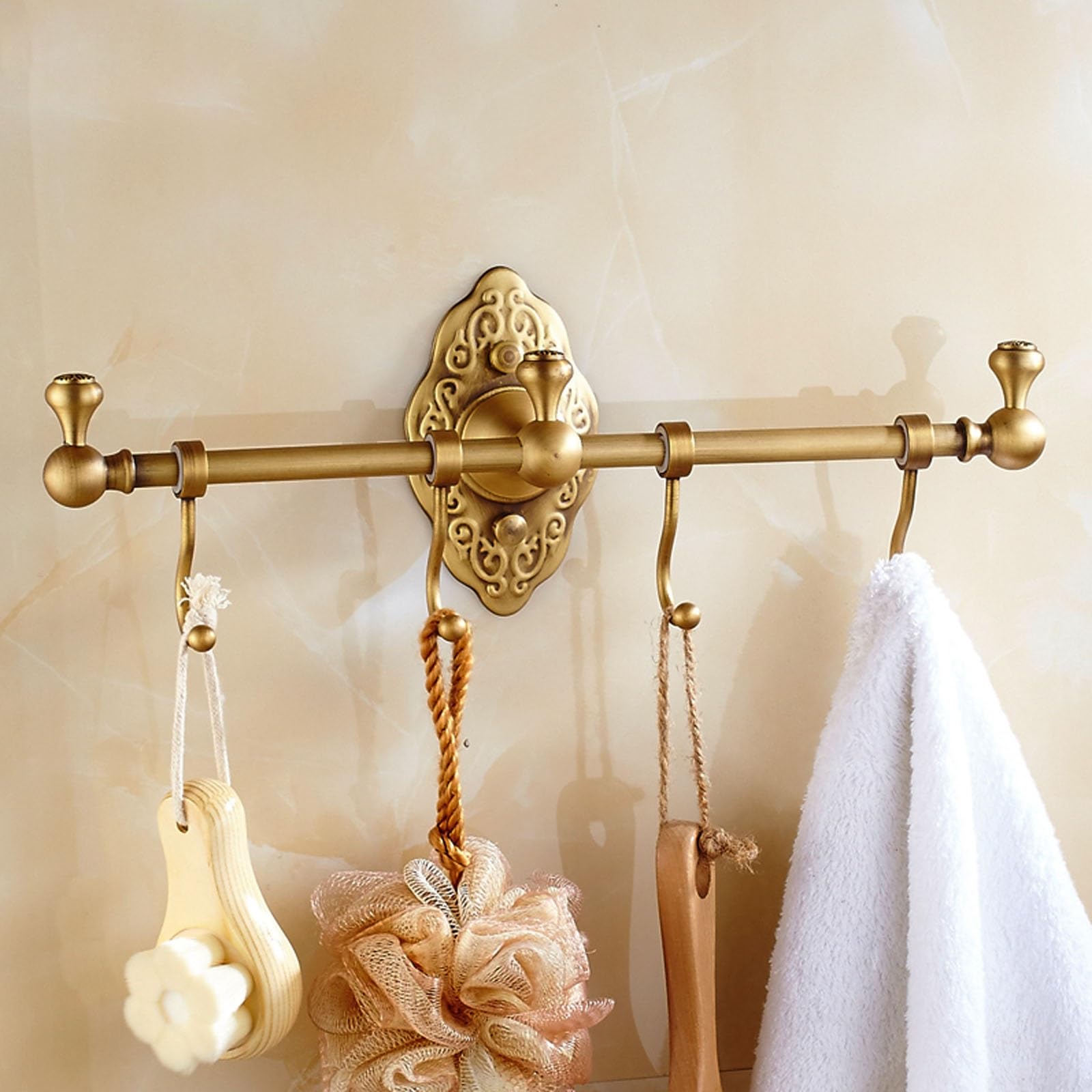 Appendiabiti da parete in ottone anticato vintage con 4 ganci per accappatoi, asciugamani e accessori da cucina