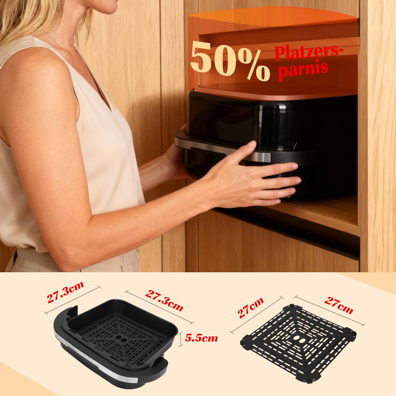 Aigostar Heißluftfritteuse mit XL 745 cm² Garfläche (27.3 * 27.3cm), leiser Extra-Crisp Technologie, Pizzafunktion, Doppelheizung, Sichtfenster, 11 Programmen, Touchscreen, Metall-Innenraum, Schwarz