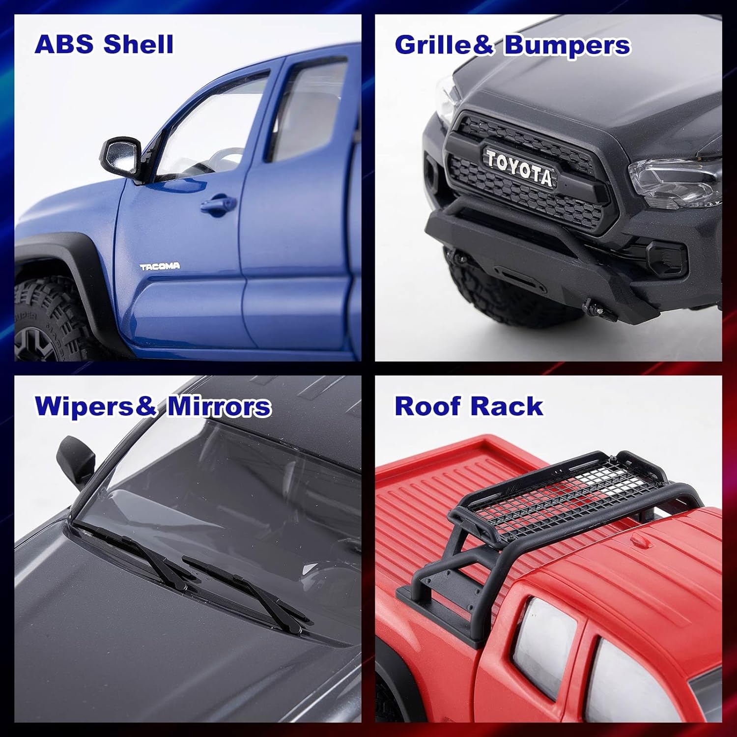 Collage showing detailed features of the FMS 1/24 Toyota Tacoma RC Crawler body: ABS shell, grille and bumpers, wipers and mirrors, and roof rack.