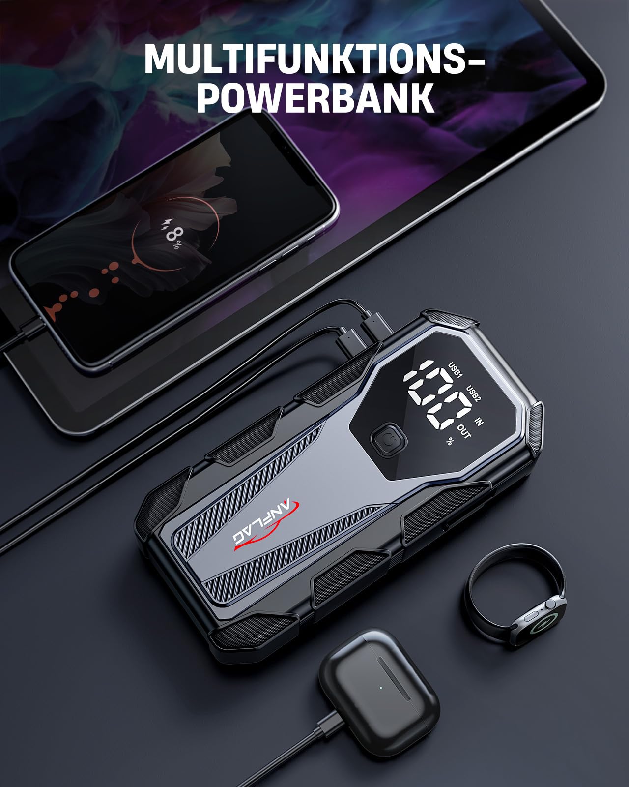 8000A Auto Starthilfe Powerbank für Pkw für 12V Fahrzeuge | 21800mAh Starter Powerbank, USB 3.0 Schnellladung, 3-Modi LED-Licht, Status-Display, Zwangsstart-Taste
