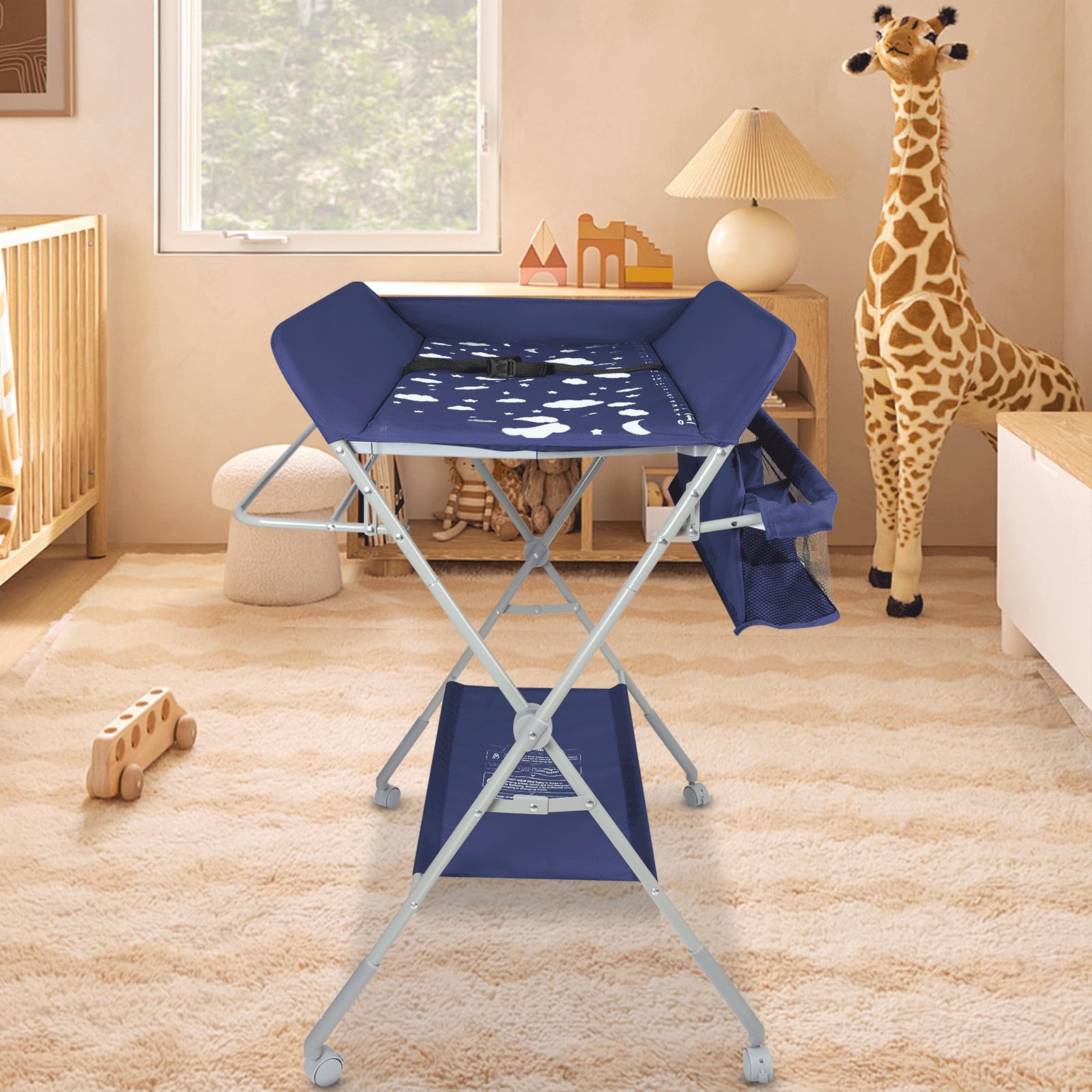 Cambiador Bebé, Cambiador Portátil Plegable con Ruedas y Espacio de Almacenamiento Cambiador para Bebé Altura Ajustable Carga hasta 15kg (azul marino-77 * 63 * 101cm)
