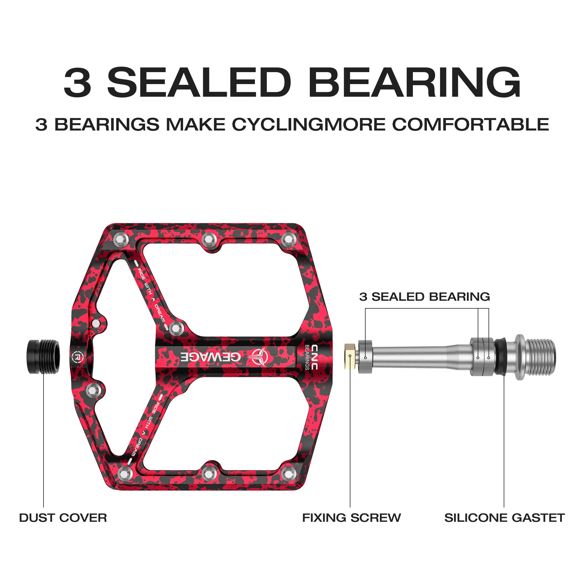 Road/Mountain Bike Pedals - 3 Bearings Bicycle Pedals - 9/16” CNC Machined Flat Pedals with Removable Anti-Skid Nails (Camouflage-Red) - Image 3
