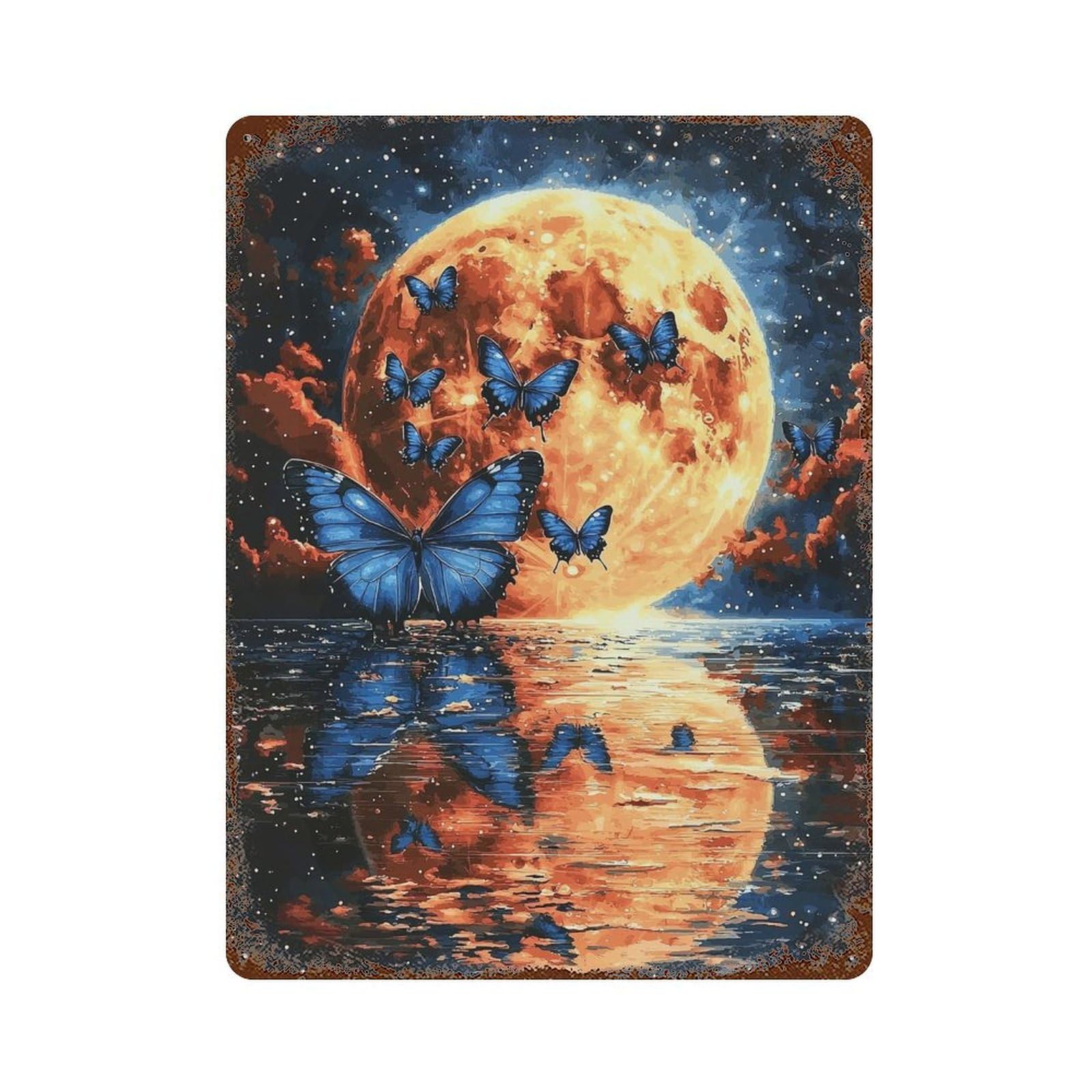 Blue Butterflies Moonlit Reflections 15.7"x11.8" Rustic Tin Plaque, Retro Wall Decor for Garage, Bar And Workshop Decor
