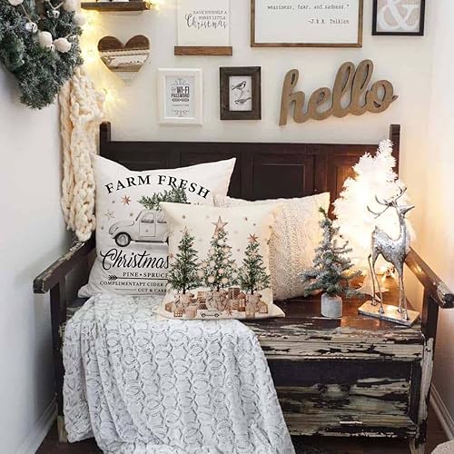 Miniatura 9 de Juego de 4 fundas de almohada de Navidad de 18 x 18 pulgadas, decoraciones navideñas de granja con diseño de árbol de Navidad, fundas decorativas