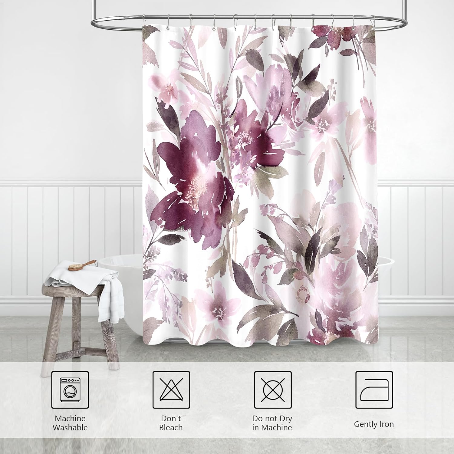 MAYZUS Mauve Floral Shower Curtain, Watercolor Flower Shower Curtain for Bathroom, Modern Abstract Ink Decorative Fabric Shower Curtain Set with Hooks 72x72