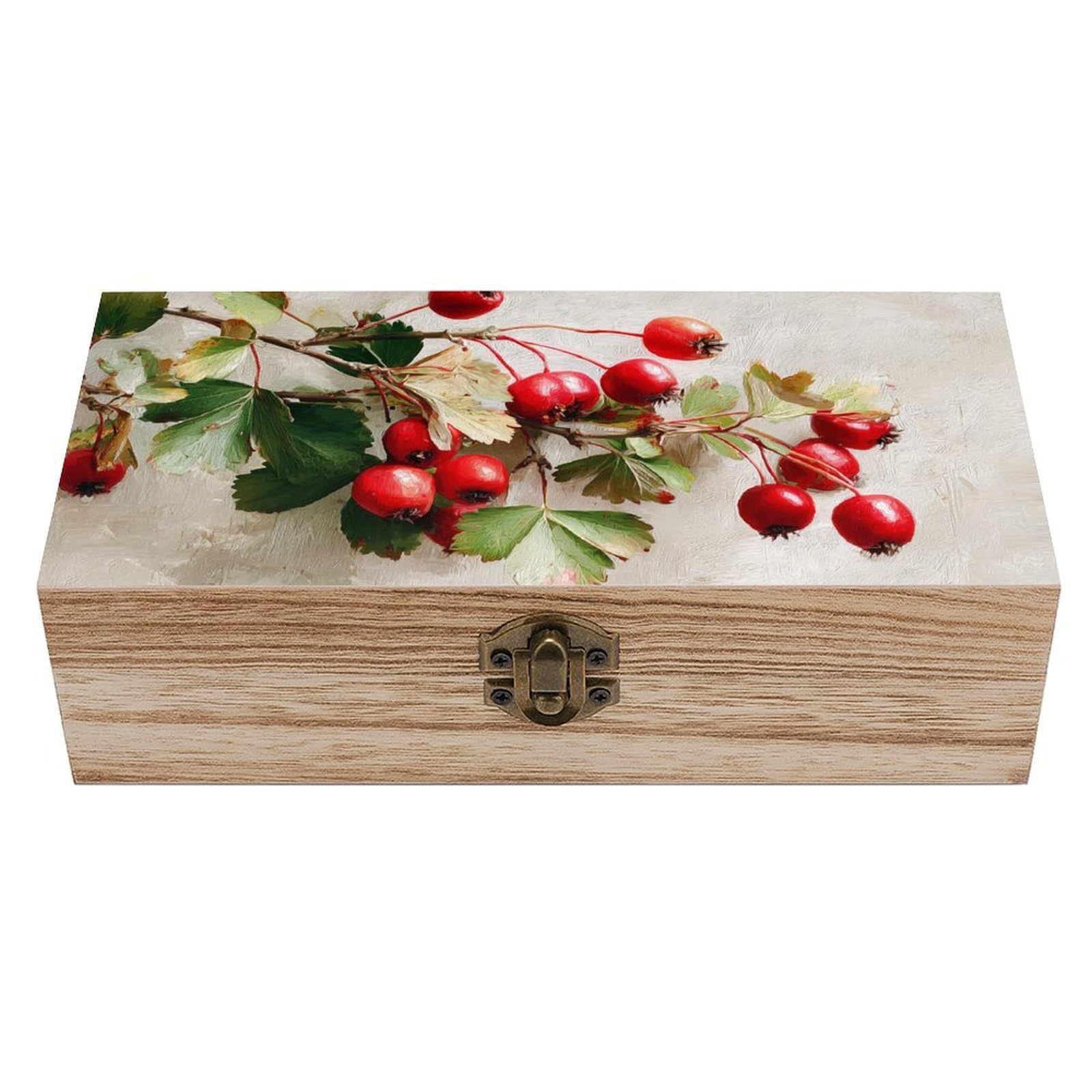 asbwuo Branch of Hawthorn Berries Wooden Storage Box with Hinged Lid