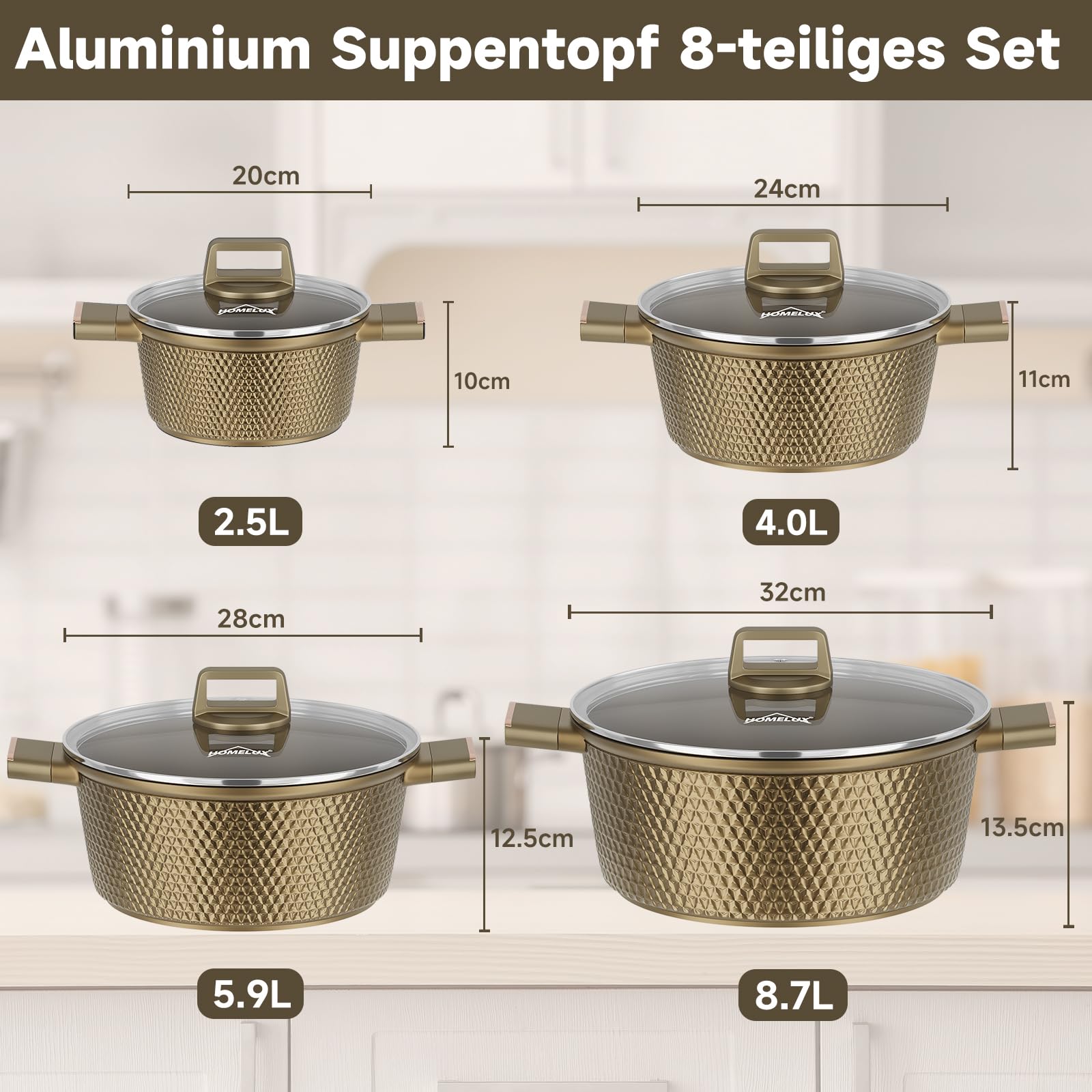 HOMELUX Topfset Induktion 8-teilig, Kochtopf Set mit Glasdeckel | 20/24/28/32cm Aluminiumguss, Antihaftbeschichtet, für Alle Herdarten, PFOA/PFOS-frei, Facettenoptik & Braun